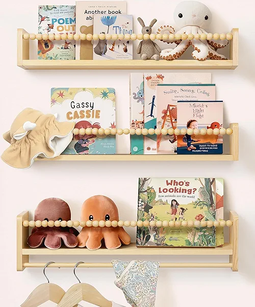 Mazjoaru Nursery Book Shelves for Wall 24inch Set of 3, Natural Wood Bookshelf Wall Decor, Floating Shelf Organizer for Kids Room, Bedroom, Kitchen Spice Rack
