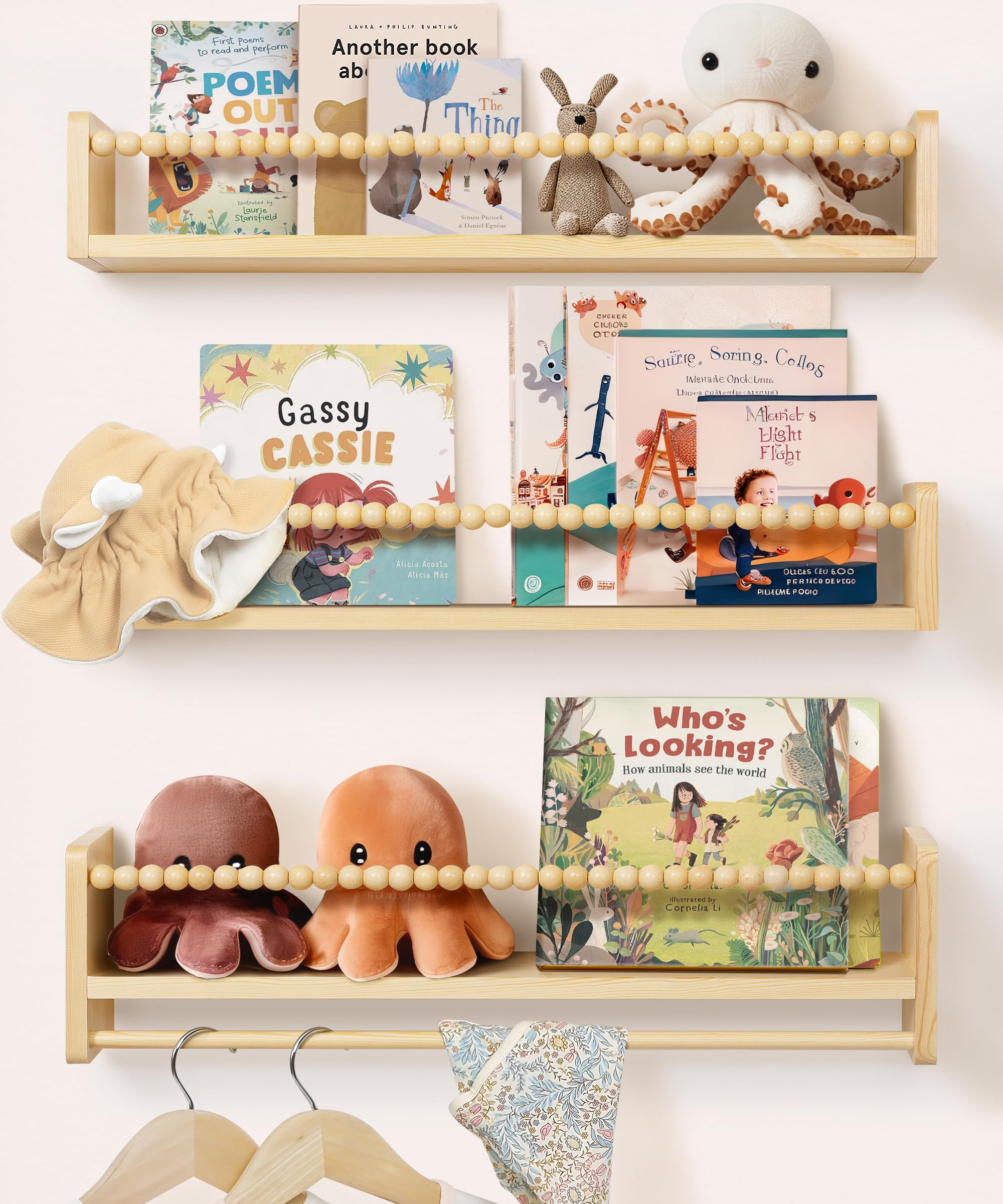 Mazjoaru Nursery Book Shelves for Wall 24inch Set of 3, Natural Wood Bookshelf Wall Decor, Floating Shelf Organizer for Kids Room, Bedroom, Kitchen
