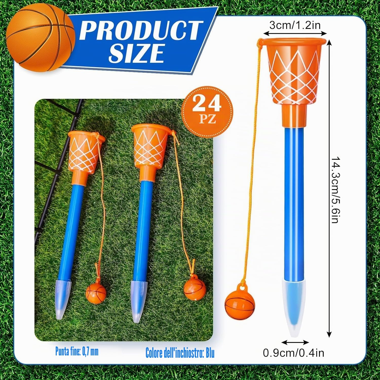 LATERN 24 Pezzi Penna a Sfera da Basket con Cerchio, 14CM Penne a Inchiostro Blu da Basket Penne a Punta Fine da 0,7mm Penne da Scrittura con Impugnatura Morbida per Studenti Festa Forniture