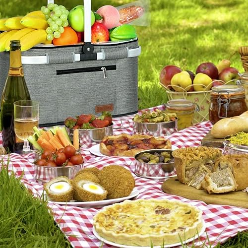 Miniatura 7 de Cesta de picnic grande de 35 L, bolsas de compras para viajes, camping, 2 capas de bolsillos internos a prueba de fugas y aislamiento plegable, el