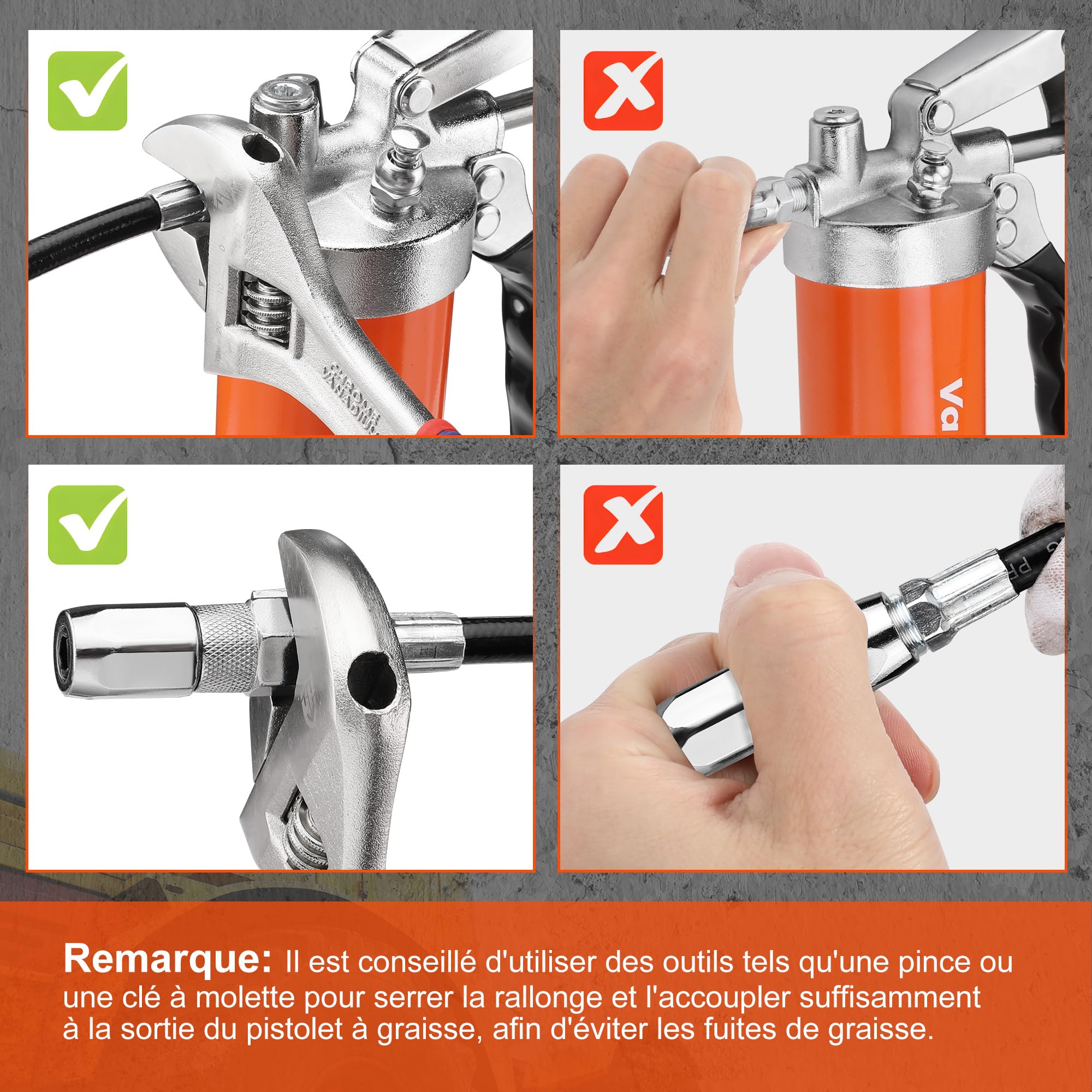 ValueMax Pistolet à Graisse 6000PSI, Pompe à Graisse Manuelle | Pistolet Graisseur pour Cartouche de Graisse 400 ml, Tuyau Flexible 24/45 cm, 2 Tubes Métalliques 11/14,5 cm et 5 Buses