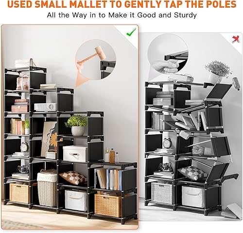 Miniatura 4 de REIBII Estantería para libros, organizadores de almacenamiento de 16 cubos, funda alta para libros, para dormitorio, oficina, sala de estar, Negro