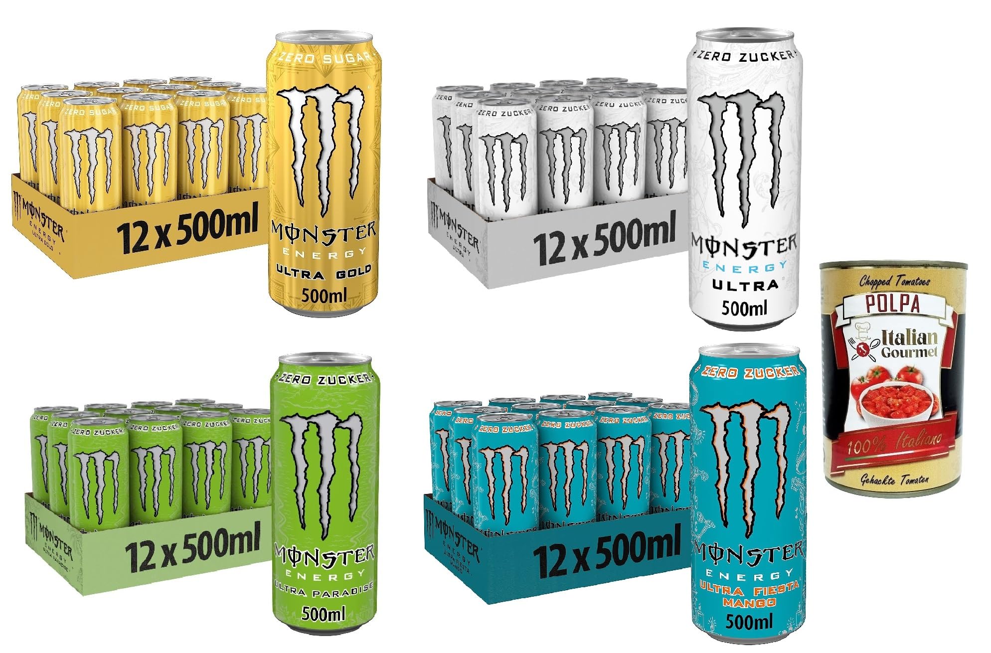 Italian Gourmet Ultra Bevanda energetica 24 x 500 ml Mix 4 variedades | Paradise, White, Fiesta Mango e Gold, zucchero, sabor refrescante, peso neto total 12 L + Polpa gratis 400 g