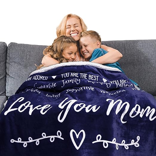 FILO ESTILO Gifts for Mom for Mother's Day from Son or Daughter, Mom Throw Blanket for Birthday, Soft Unique Mother Blanket Filled with Words to Say Love You Mom Gifts for Women (Blue, Sherpa)