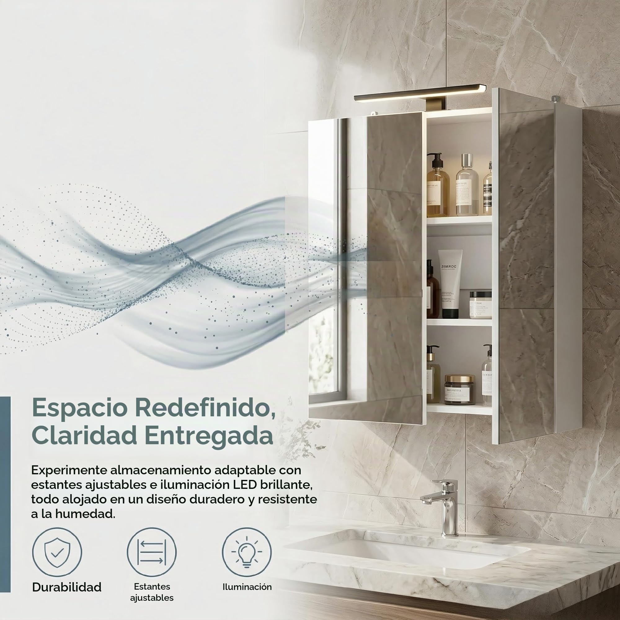 Mueble de Baño con Iluminación LED，Armario de Baño con Espejo, MDF, 60 x 16,5 x 70 CM, Estantes Ajustables, para Baño y Aseo, Blanco