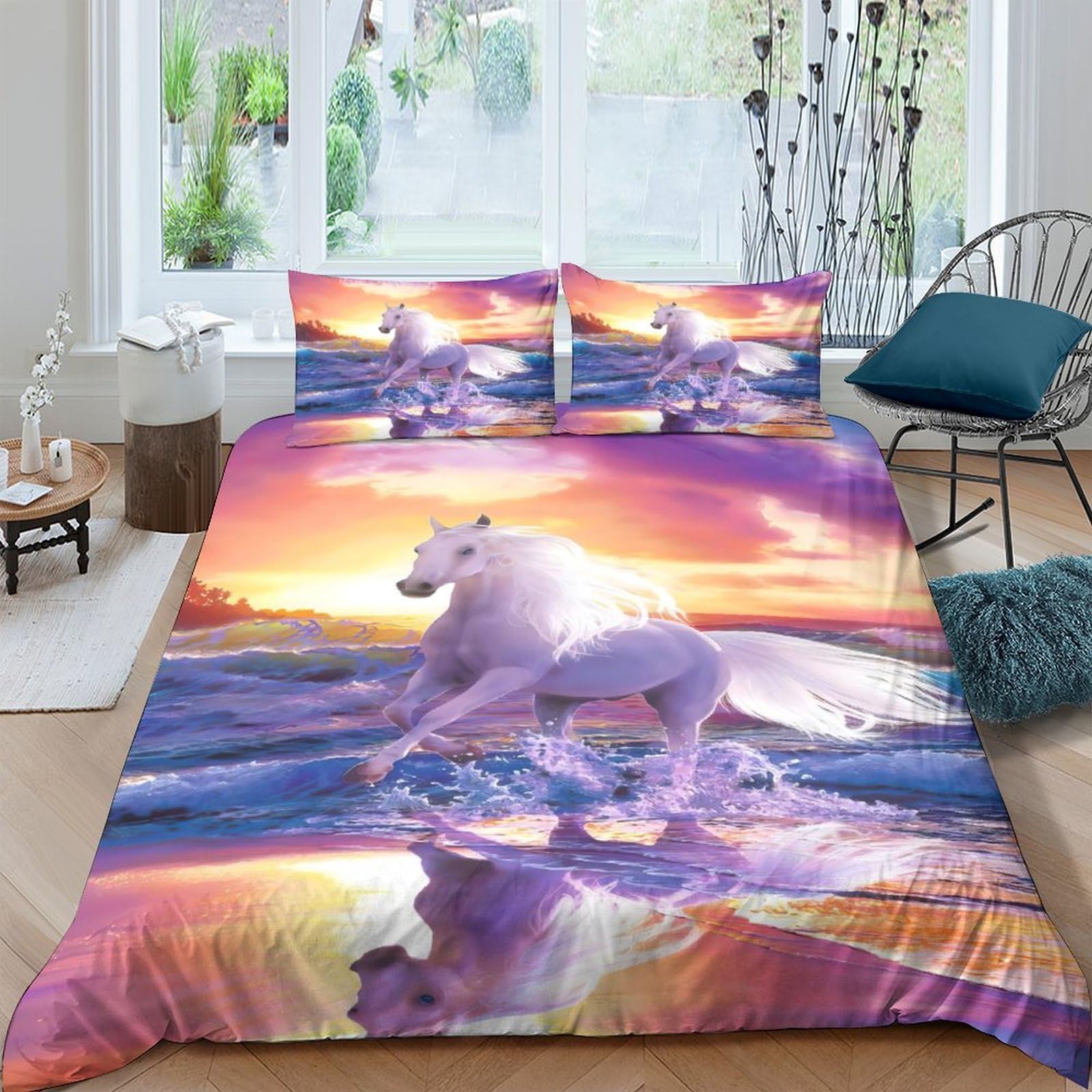 Ctjqhvkz Style-5 3D Printed Fantasy Unicorn Fitted Sheet Microfiber Sunset Ocean Bed Cover For Bedroom Home Decor Easy Care Single（135X200cm）