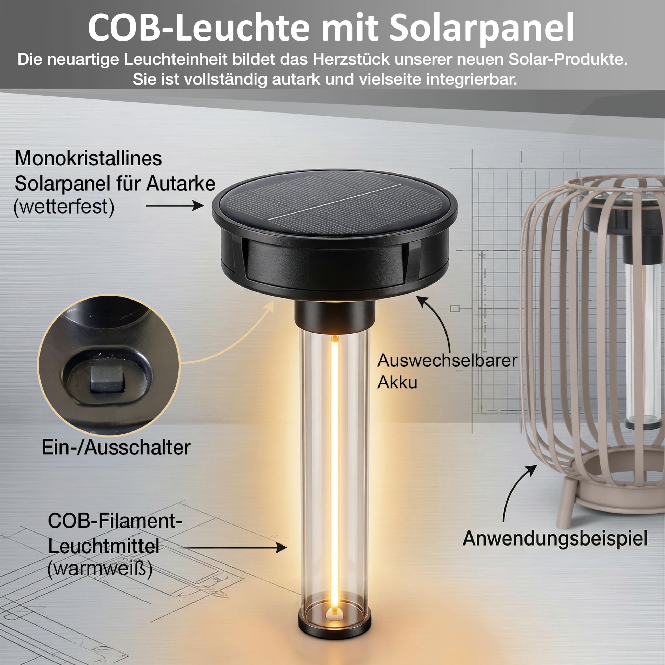 Northpoint ELBLIGHT LED Solar Stehleuchte 3in1 Gartenlampe Außenleuchte COB LED warmweiß Lichtsensor IP44 wetterfest Beige