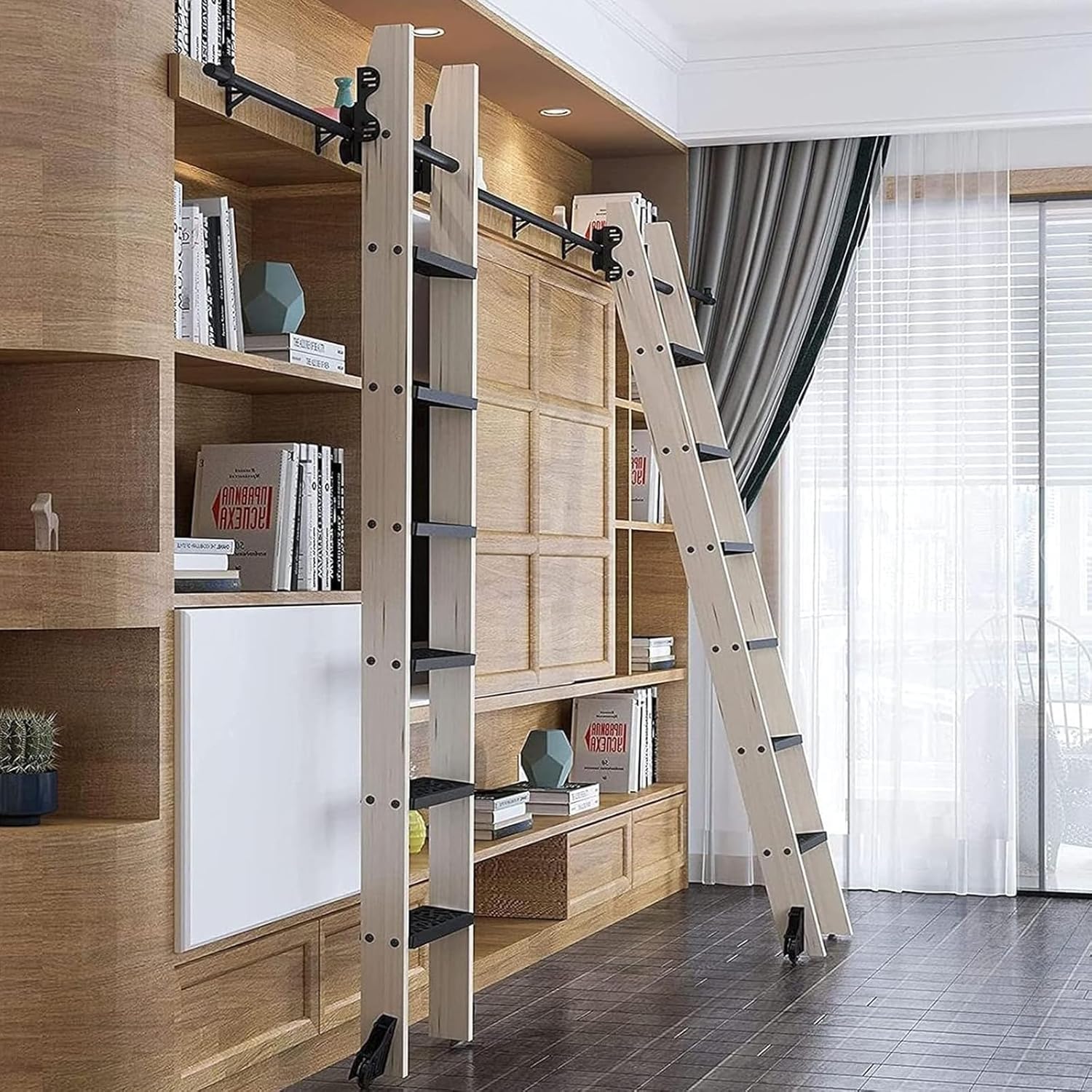 Kit de herramientas retráctiles para escalera rodante, riel deslizante con rodillo de piso para almacenamiento vertical, fácil instalación, no requiere espacio en el suelo