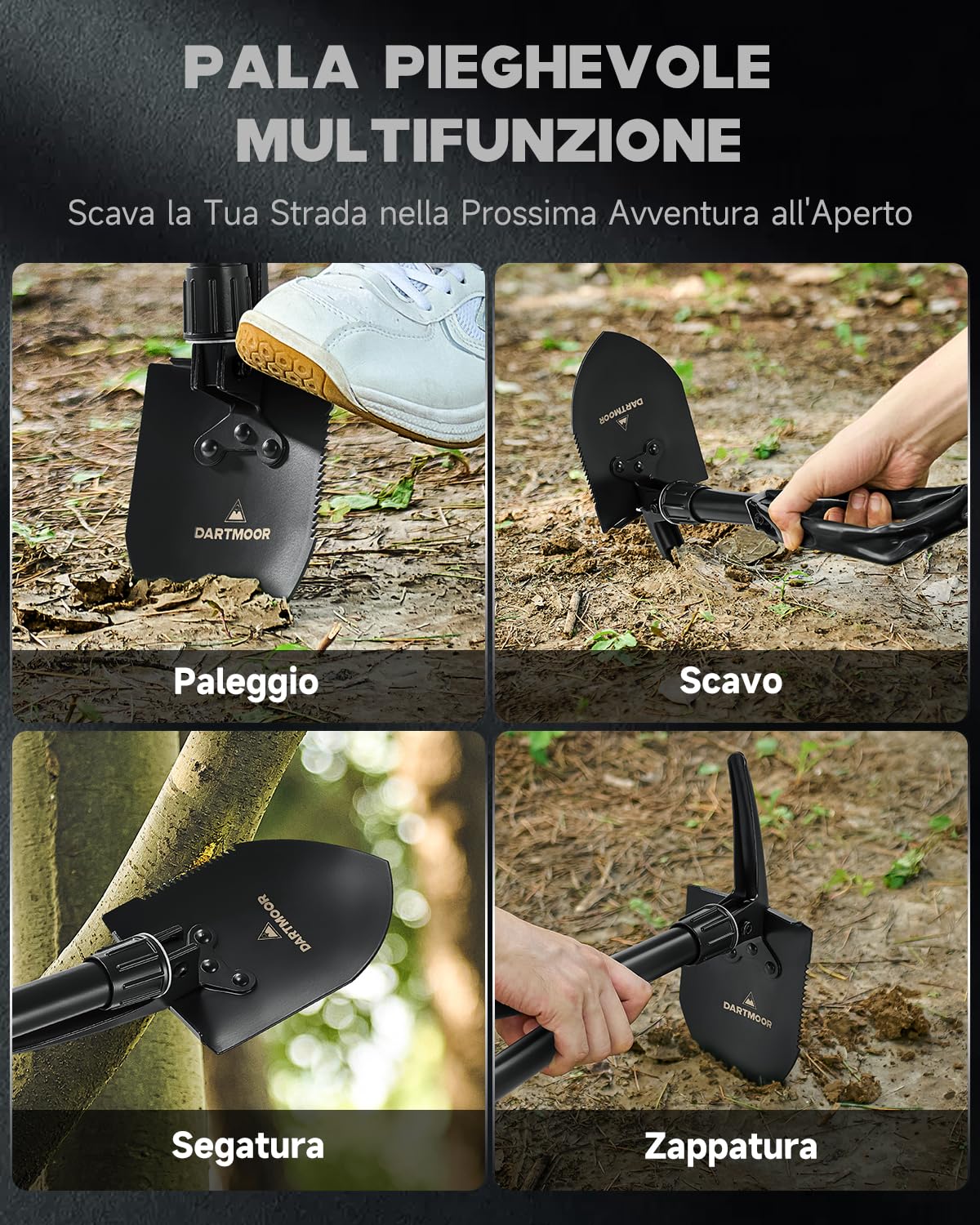 DARTMOOR Mini Pala Pieghevole Vanghe in Acciaio al Carbonio ad Alta Resistenza Leggera Multifunzionale con Borsa in Nylon Vanghe e pale per Giardinaggio Campeggio, Nero