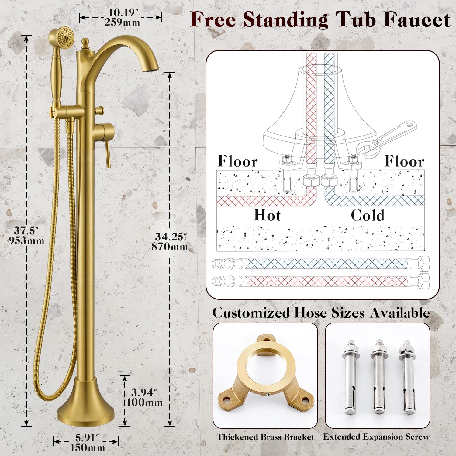 Free Standing Tub Faucet, Brushed Gold Classic Freestanding Bathtub Faucet with Vintage Hand Shower Brass High Flow Rate Floor Mount Tub Filler Swivel Spout Roman Tub Faucet Set (WT-9002BG) - Image 6