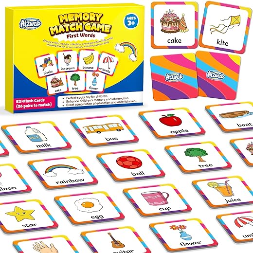 Aizweb First Words Matching Game,Memory Game,52 Pcs Toddler Baby Flash Cards,Educational Toys for Pre K Preschool Kindergarten Learning Activities,Speech Therapy Materials Classroom Must Haves