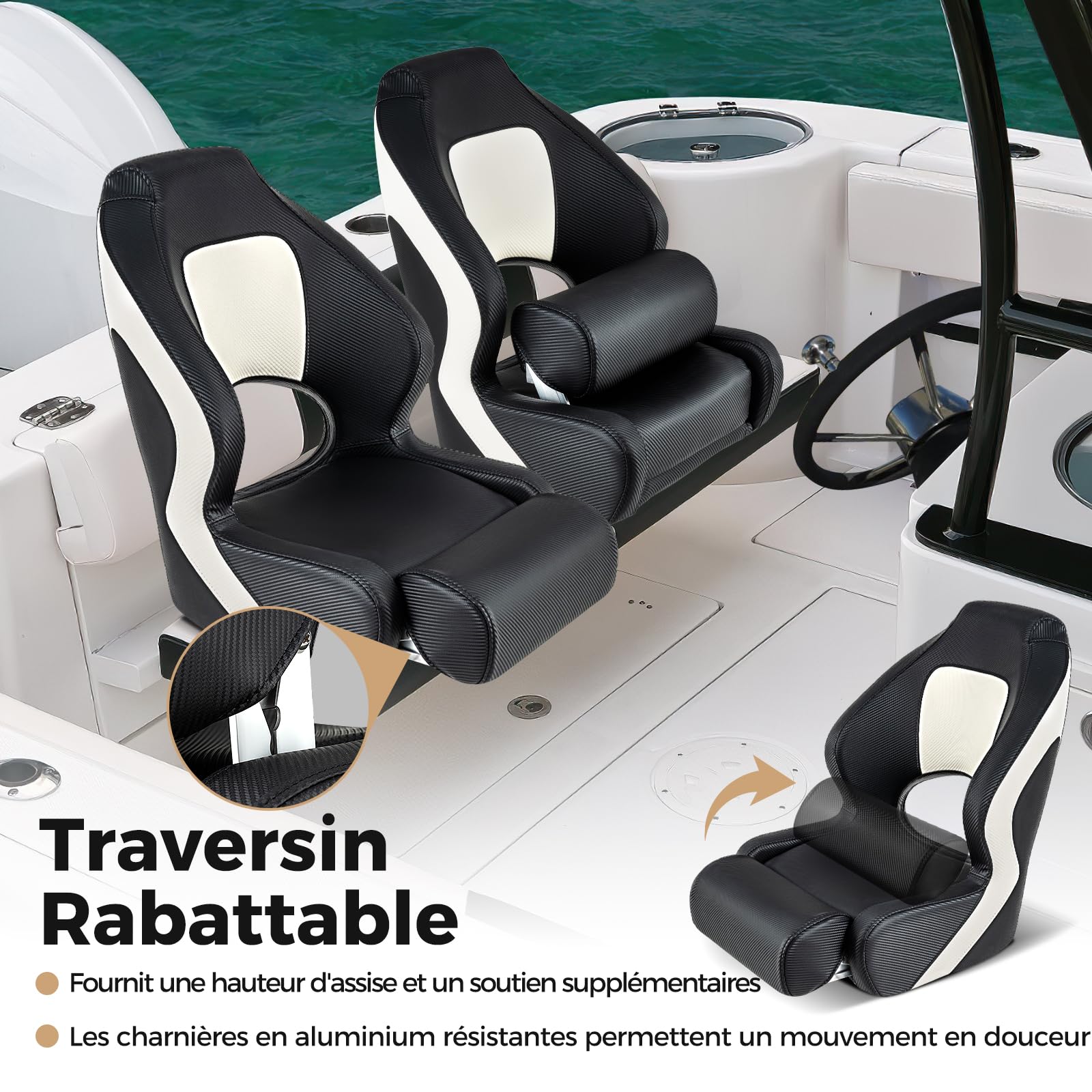 COSTWAY Siège de Bateau Sport Flip-up en Cuir PVC Imperméable, Siège de Pêche Rembourrage avec Dossier Haut de 53 cm Accoudoirs Courbés, pour Pêche Tourisme, Blanc+Noir