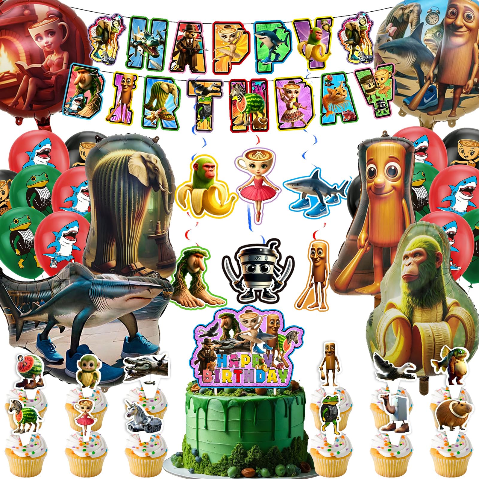 AUNGKWANG 44 Pieces Tung Tung Tung Sahur Theme Birthday Party Decoration, Brain Red Birthday Decoration Set, Foil Balloons, Anime Birthday Decorations, Funny Theme Party Supplies โ image 1