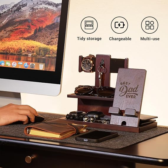 ProCase Gifts for Dad, Wood Phone Docking Station for Men, Dad Gifts From Daughter Son, Mens Nightstand Organizer, Anniversary Birthday Gifts for Dad Father Husband Him -Espresso (Engraved Word)
