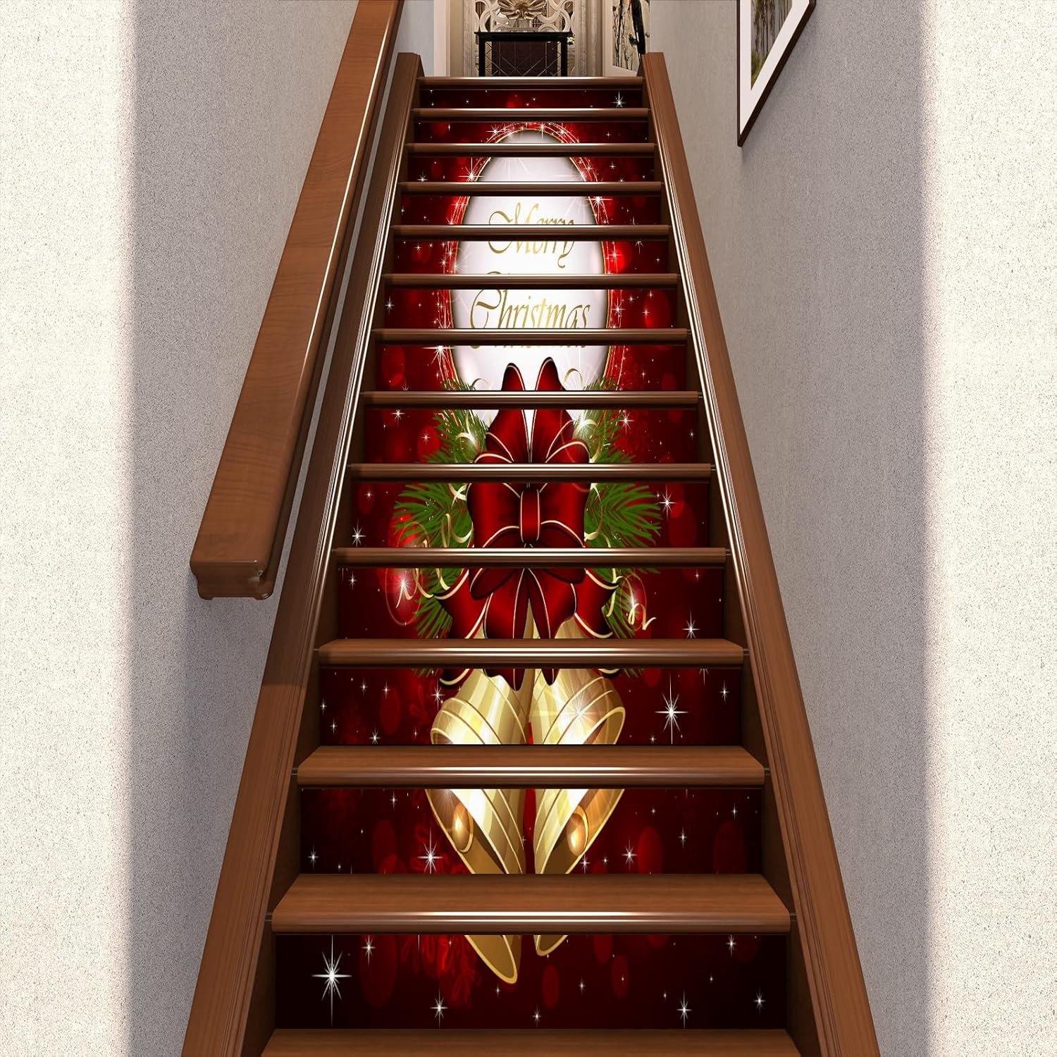 Christmas Golden Bell Red 3D Stair Stickers Stair Risers Decals Decor Peel and Stick Removable Staircase Stickers Stairway Wallpaper Decals for Stair Home Decoration 39" x 7"(13 PCS)