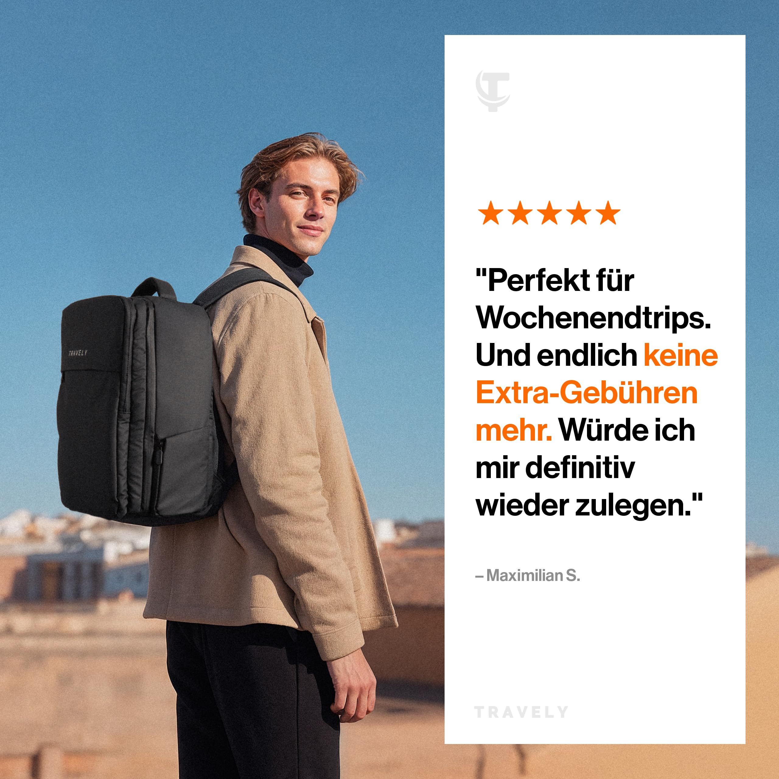 Travely Handgepäck Rucksack 40x20x25 geeignet für Ryanair - Rucksack 20L - Reiserucksack Handgepäck Flugzeug, Wasserabweisend, inkl. Laptopfach bis 16 Zoll & Flaschenhalter