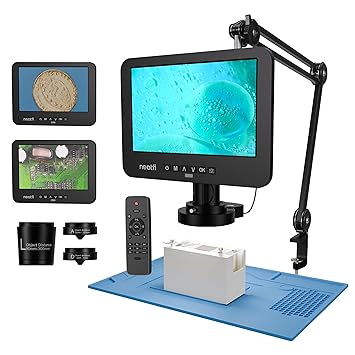 Neatfi Digital Microscope with Flexible Arm, 2000x Magnification, Remote Control, 3 Interchangeable Lenses, 10.1