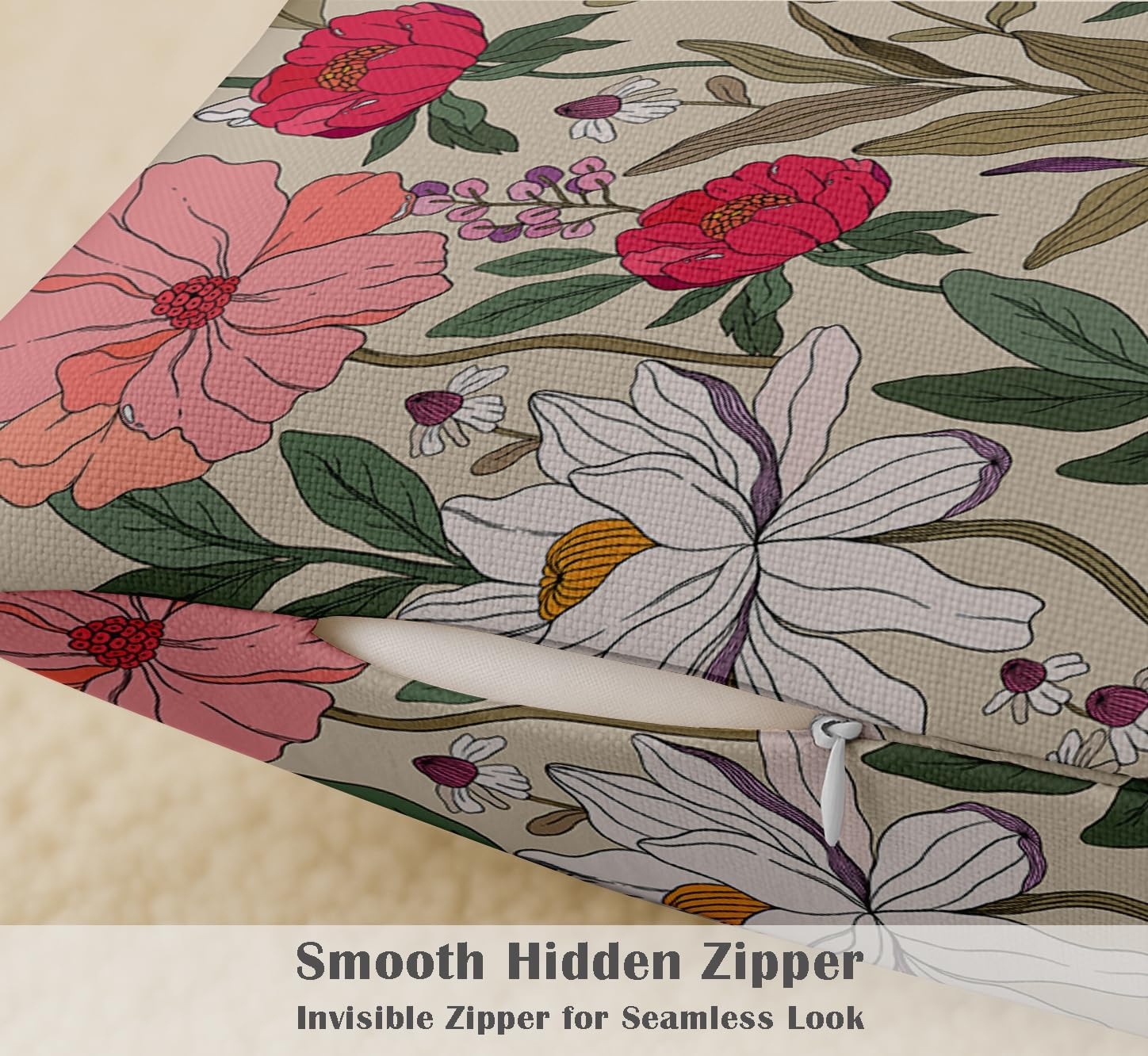 16x16 Inch Cushion Covers Set of 4 - Premium Cotton, Floral Print, Reversible Printed Pillow Covers with Concealed Zipper - Beige