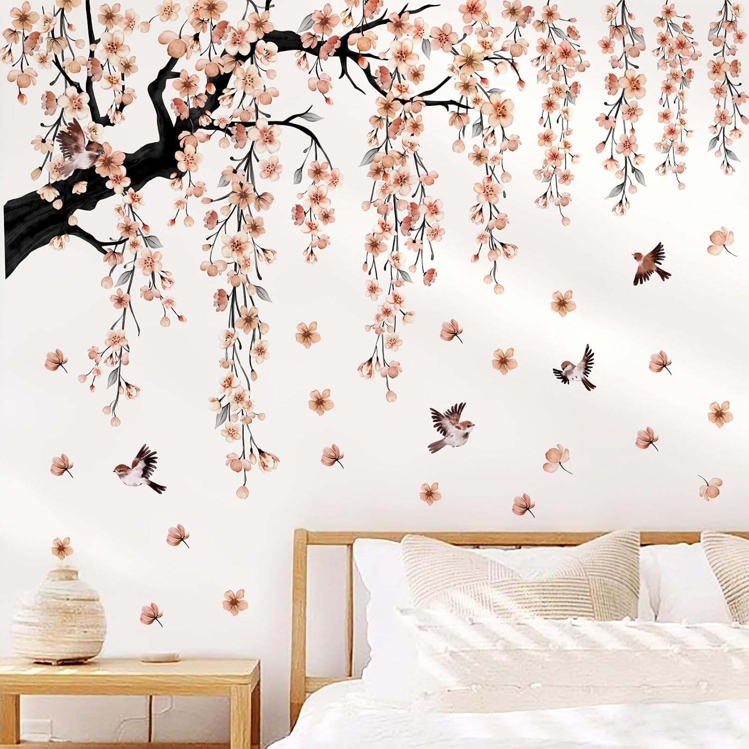 Watercolor Pink Cherry Blossom Wall Stickers | Extend Right Pink Floral Branch Bird Wall Decals Peel and Stick Murals for Living Room Bedroom Flower Tree Decor Home