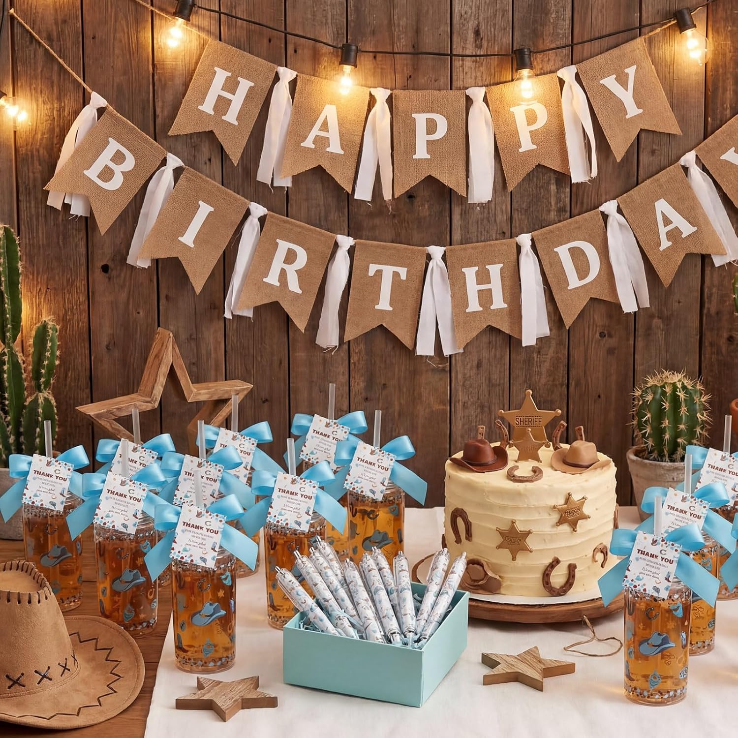 Honeydak 25 Set My First Rodeo Western Cowboy Party Favor Gift for Guest 14.2oz Reusable Plastic Cups with Lids Straws Ballpoint Pens Cards for Cowboy 1st Birthday Baby Shower Party