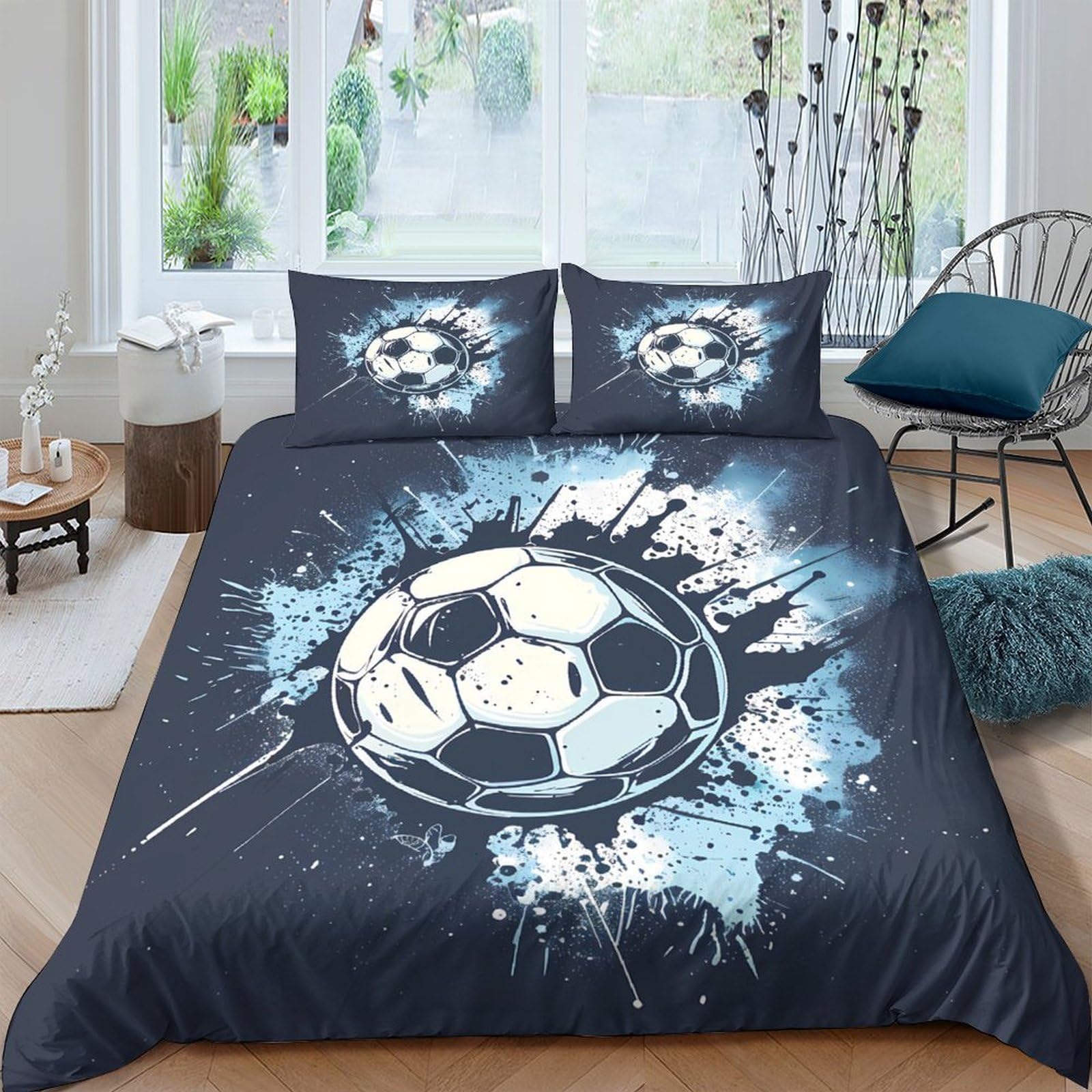 Ctjqhvkz Style-3 3D Printed Graffiti Soccer Fitted Sheet Microfiber Soft Black Blue Football Bed Cover For Bedroom Guest Room Decor Single（135X200cm）