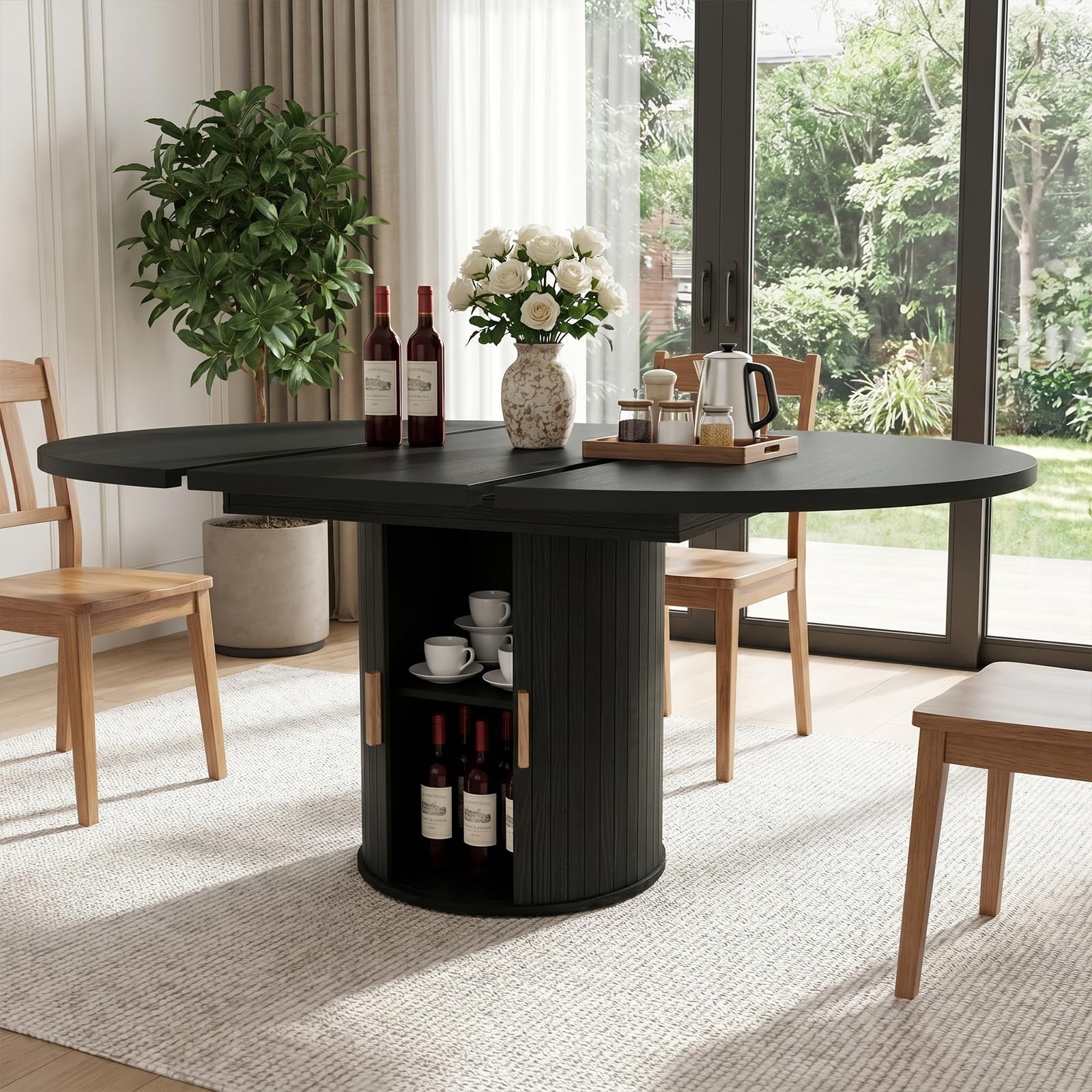 Mesa de comedor redonda extensible - de redonda a ovalada | Mesa de comedor moderna con base cilíndrica, mesa de cocina de madera para 4-6 personas, color negro (solo mesa)