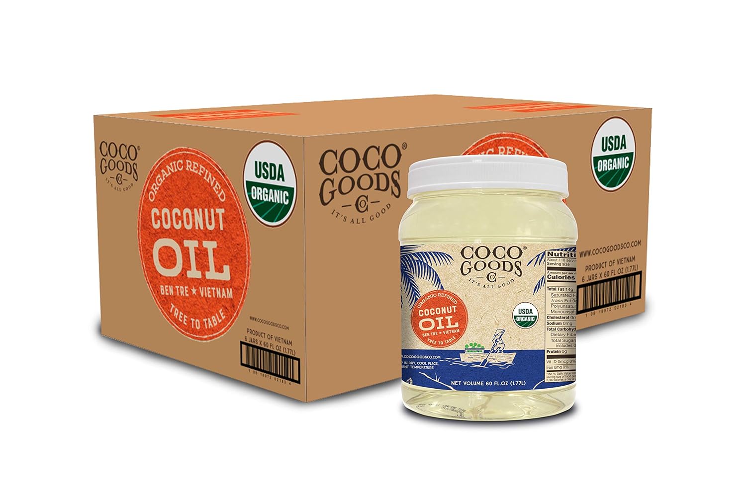 CocoGoodsCo Vietnam Single-Origin Organic Refined Coconut Oil (60 fl. oz, 6 pack) - Gluten-free, Non-GMO, No Cholesterol - Great for Cooking and Baking with No Coconut Flavor and Scent