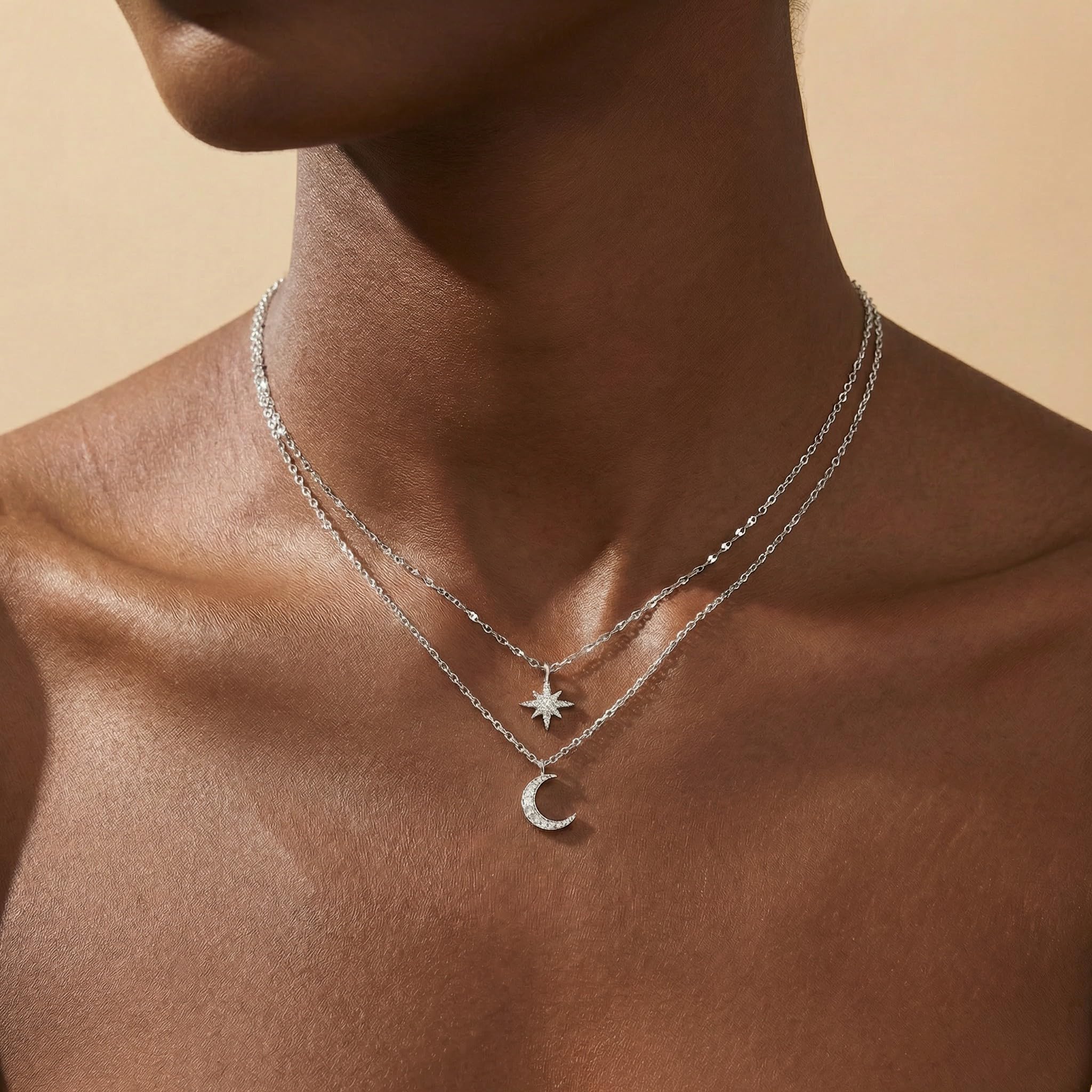 SLUYNZ 925 Plata Esterlina Collar en Capas Cadena Luna Estelar Choker Collar para Mujeres Chicas Adolescentes Gargantilla Cadena Capas (A-Silver)
