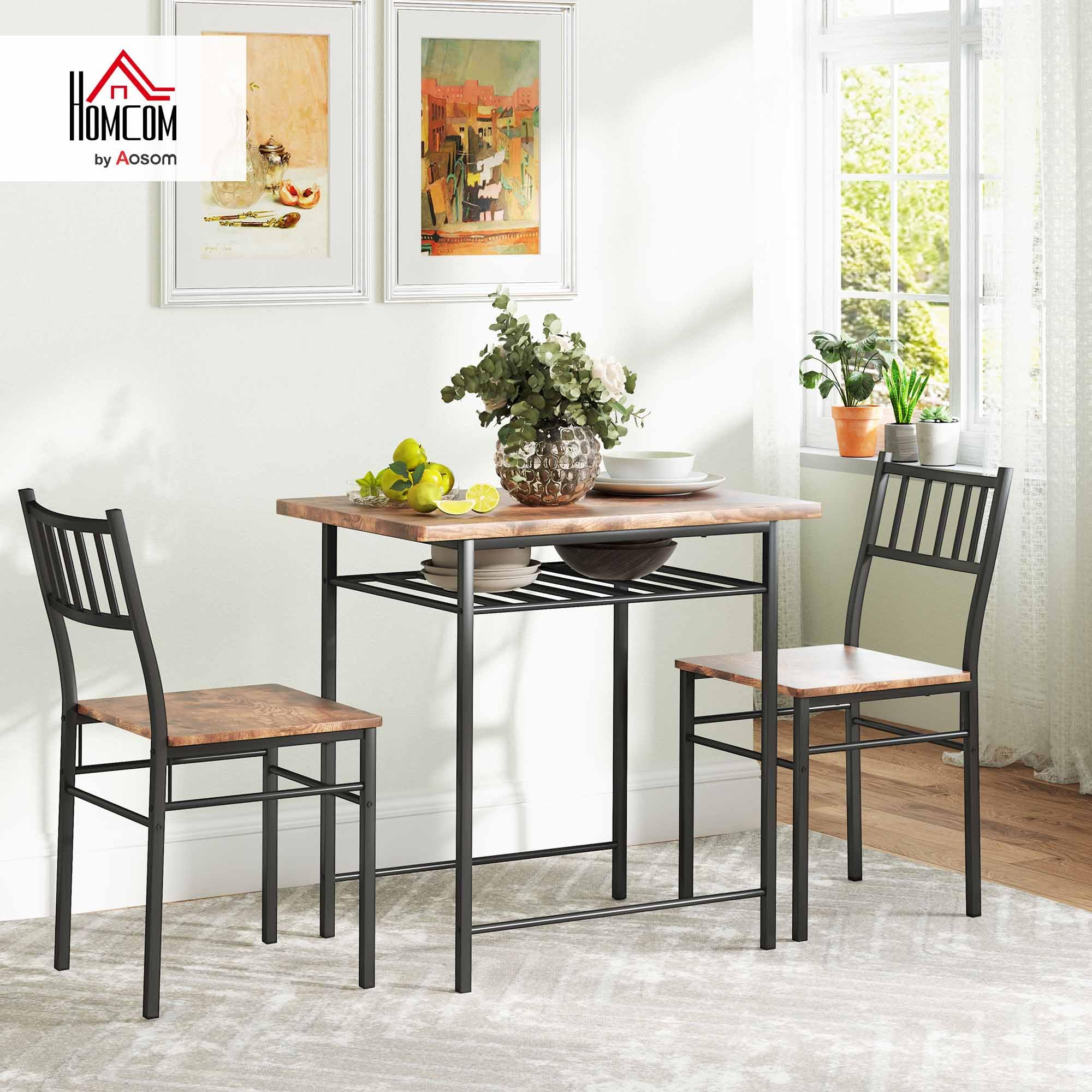 Juego de mesa de comedor de 3 piezas para 2, mesa de cocina pequeña y sillas con estante de almacenamiento integrado y marco de acero, para rincón de desayuno y espacio pequeño, marrón rústico 2