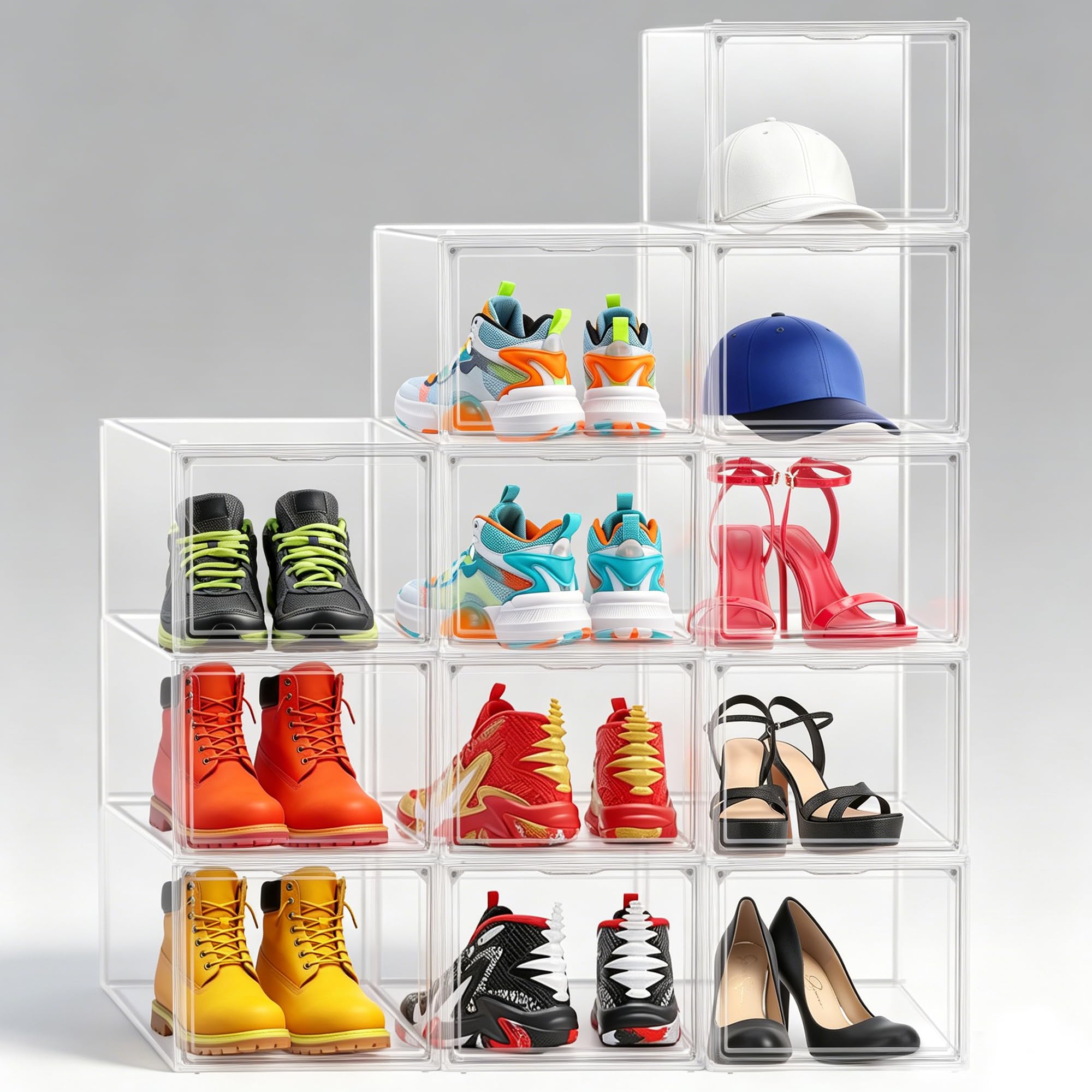 Photo 1 of 12 Pack Clear Shoe Storage Boxes Stackable, Large Sneaker Organizer with Acrylic Magnetic Door, Plastic Drop Front Shoe Containers for Men up to Size 12.5, Transparent Shoe Organizer for Closet