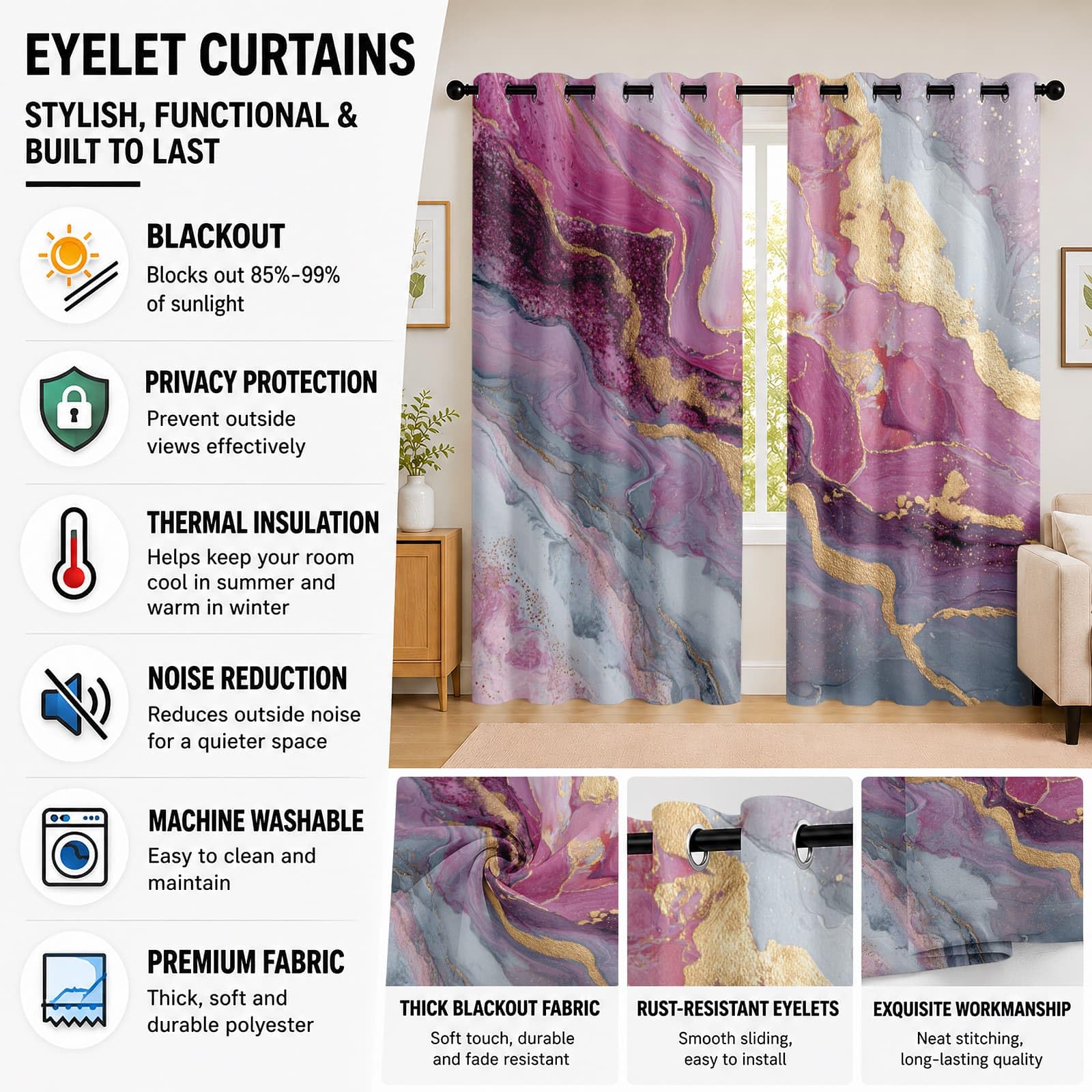 Genérico Aislantes Cortinas Opacas para NiñOs 140An x 260Al cm (2 Paneles), Arte MáRmol Textura PoliéSter Cortinas Privacidad Rosa Cortina con Ojales para Sala de Estar y Dormitorios