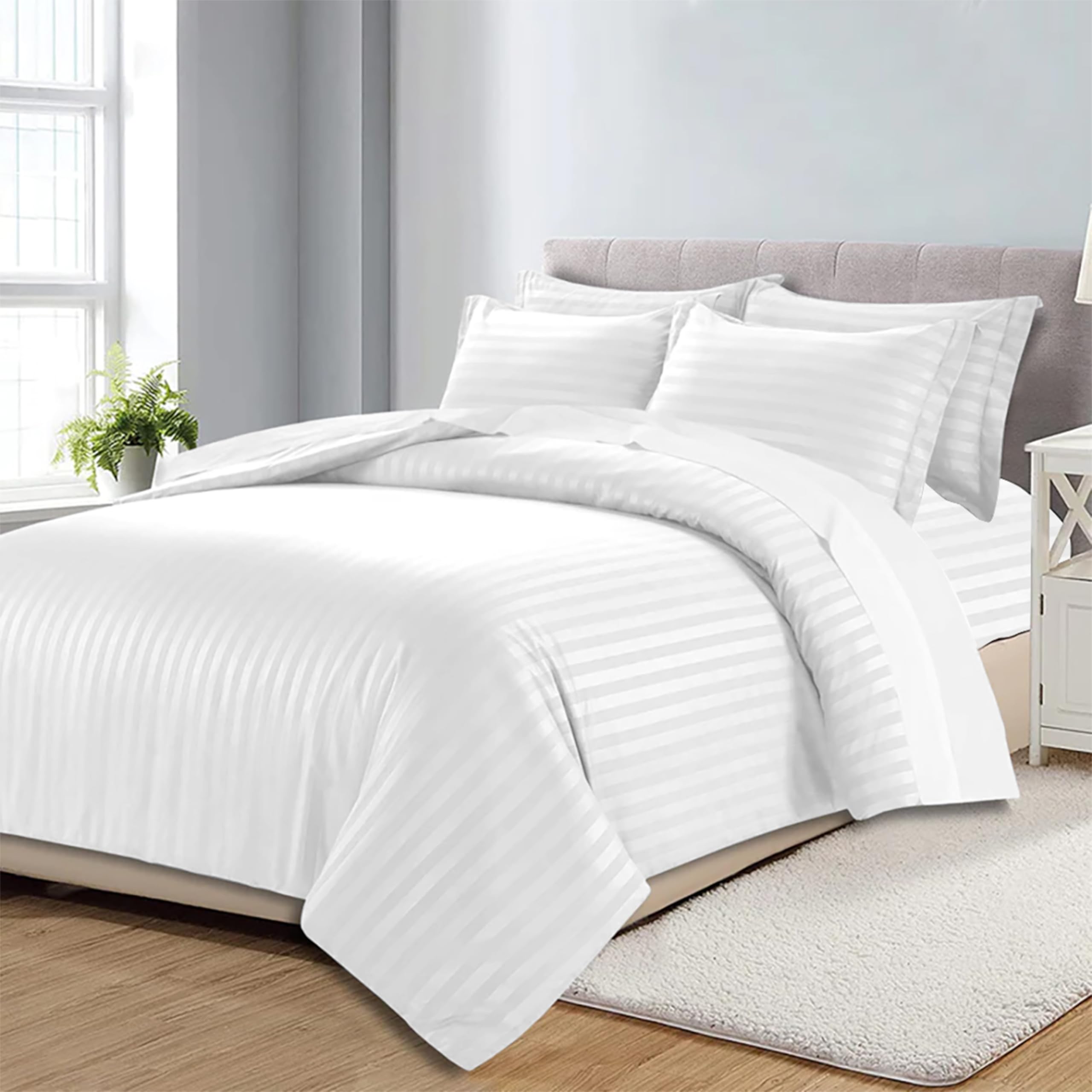 OPULENCE Hotel Duvet Cover Stripe King 6 Pcs Set - 1Pc Duvet Cover 220x240cm (Without Duvet/Filling), 1Pc Fitted Bed Sheet 200x200+30cm - 4 Pillow Cases 48x74+5cm – Hotel Quilt Cover Set (White)