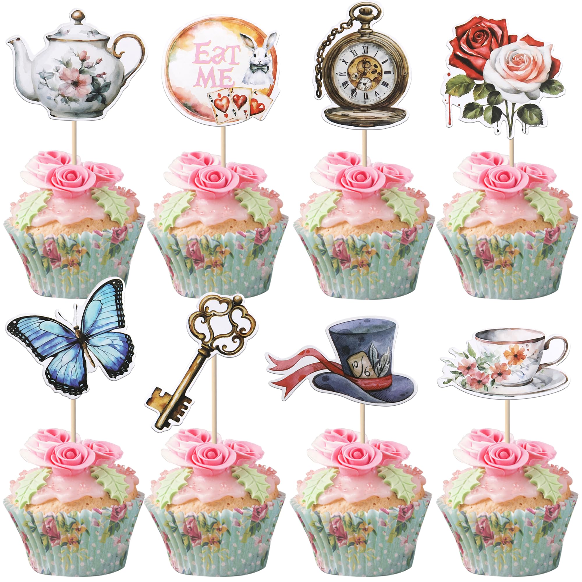 Rsstarxi 40 Pack Alice Cupcake Toppers Butterfly Flower Bowl Key Clock Eat Me Cupcake Picks Tea Party Cake Decorations for Baby Shower Birthday In Wonderland Party Decorations