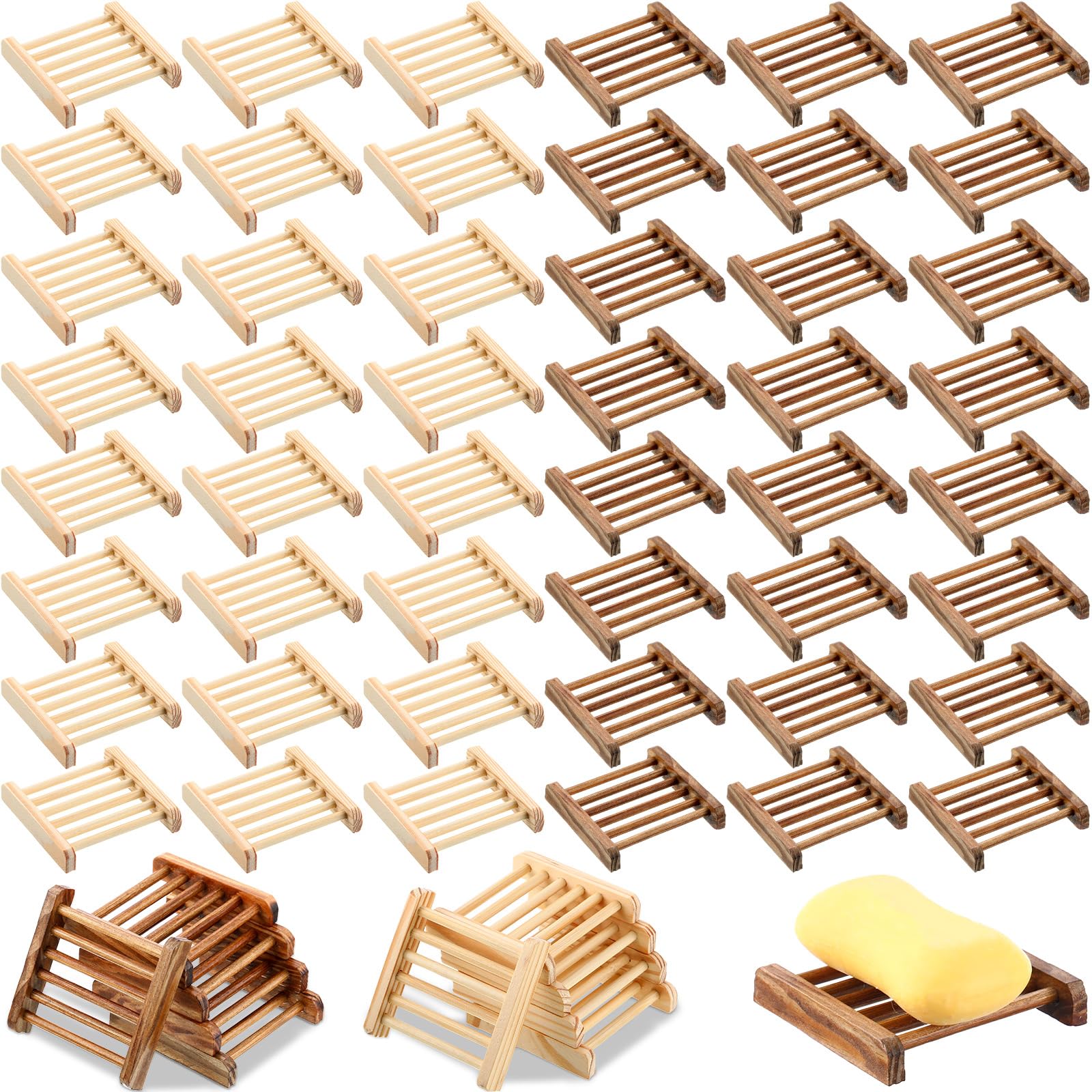 50 jaboneras de madera de bambú a granel para baño, jabonera de madera para barra, soporte de jabón autodrenante, bandeja de jabón de madera artesanal para cocina, 3.3 x 3.3 x 0.67 pulgadas (color