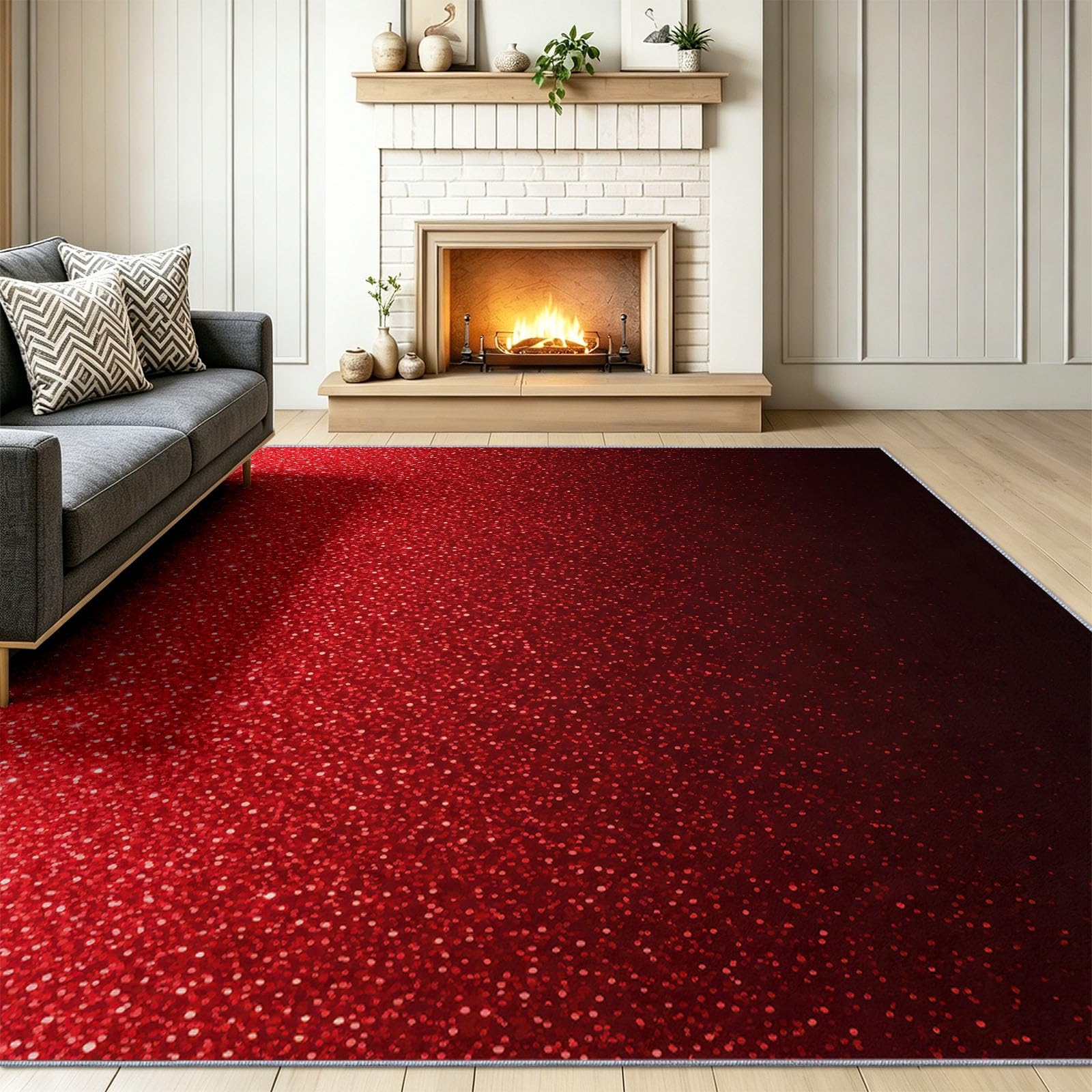 Tapis Lavable Orné Dégradé Étincelant Ciel Étoilé 140 x 200 cm, Tapis Doux Poils Ras Antidérapant Rouge Abstrait Modernepour Salon Chambre