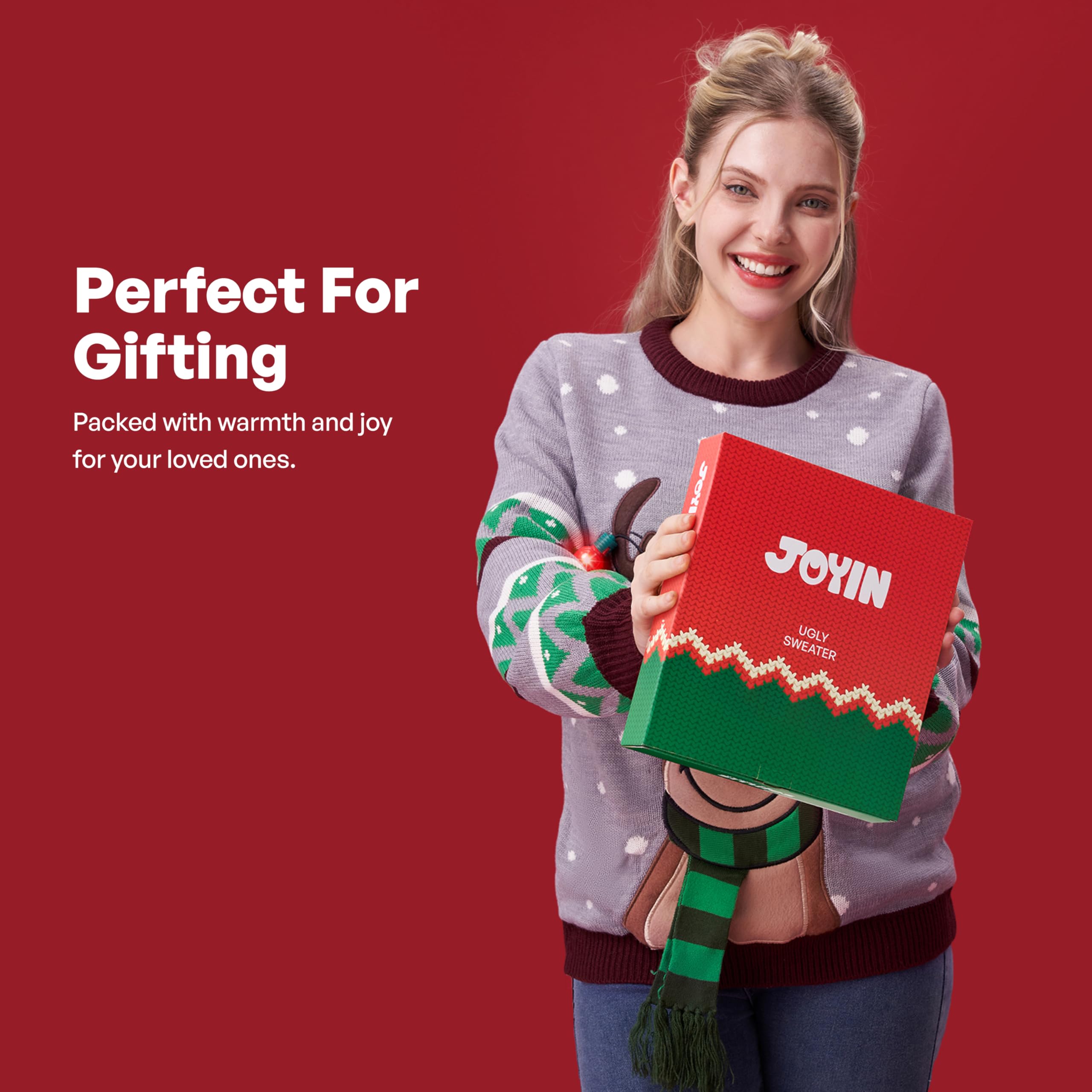 JOYIN Maglione natalizio da donna con luci LED e renna, con lampadine integrate, rosso, nero, blu, maglione lungo natalizio (S-XL)