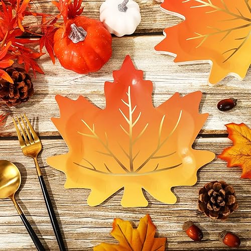 Miniatura 4 de Whaline 30 platos de papel de Acción de Gracias de otoño, platos desechables con forma de hojas de arce, láminas doradas, hojas de otoño, platos de
