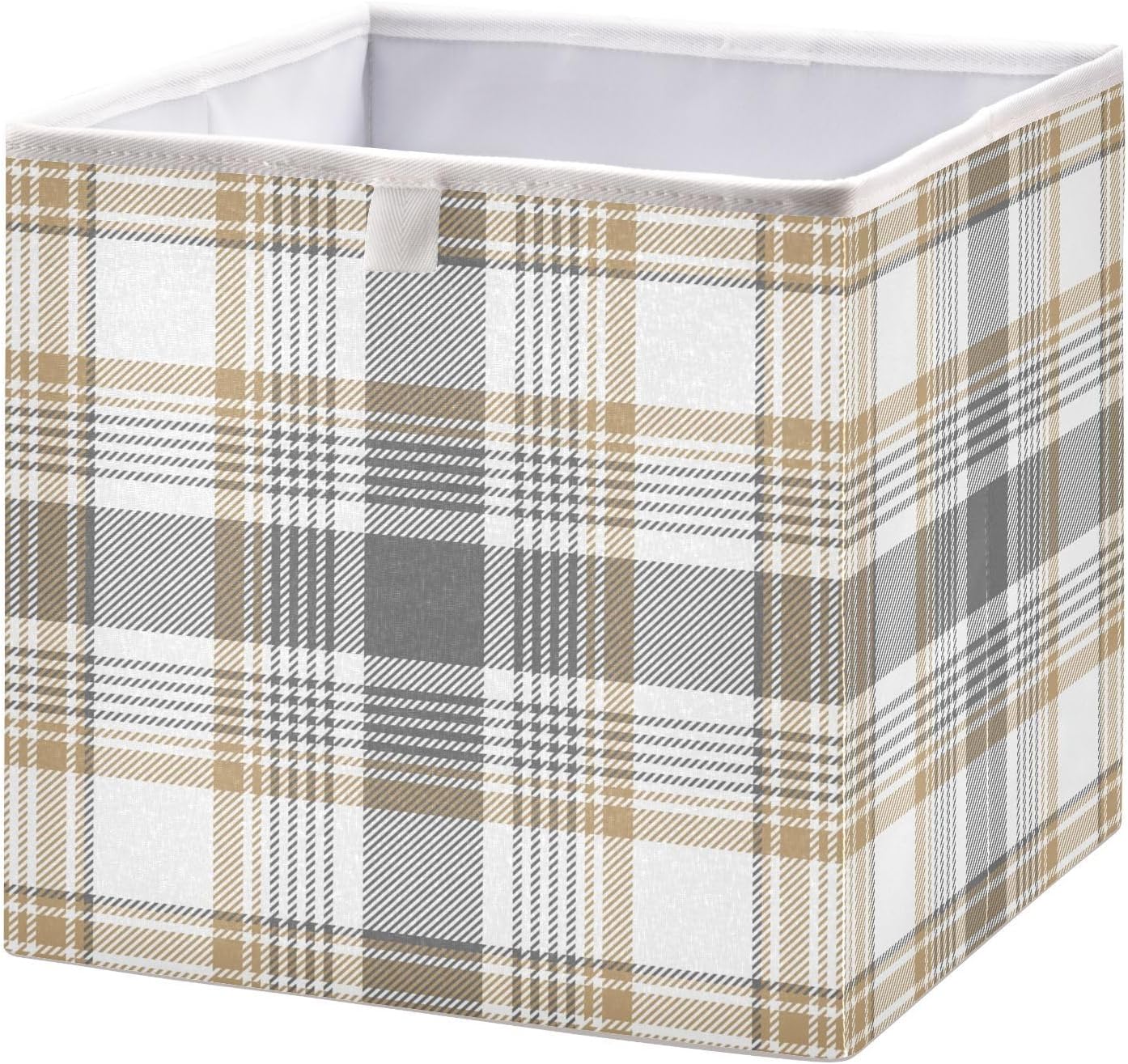 GOODOLD Gold and White Plaid Cube Storage Bin 11 Inch