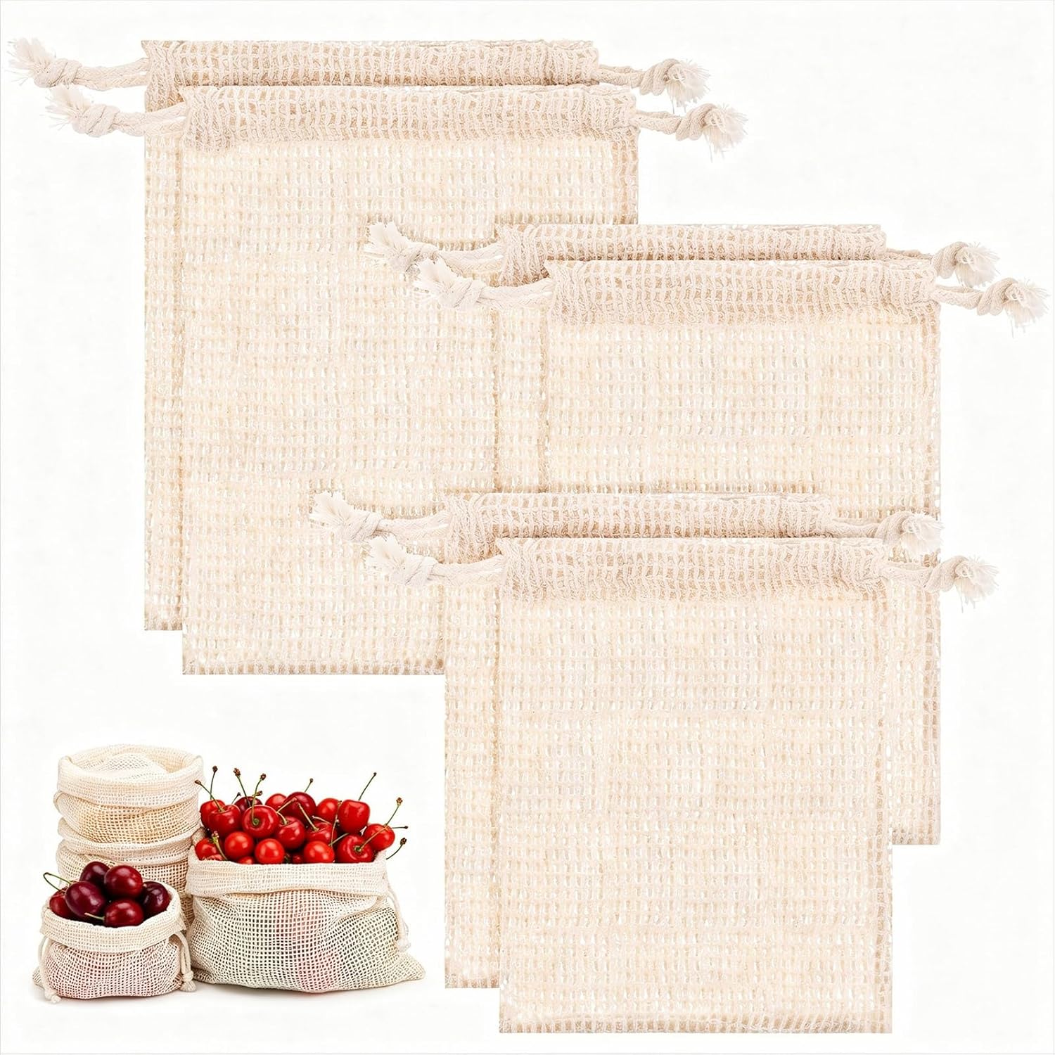 6 Pack Reusable Produce Bags Washable Reusable Bags Cotton Mesh Produce Bag Double-Stitched with Drawstring Vegetable Bag for Refrigerator for Farmer Market Beach Fruit Grocery Shopping （2L、2M、2S）