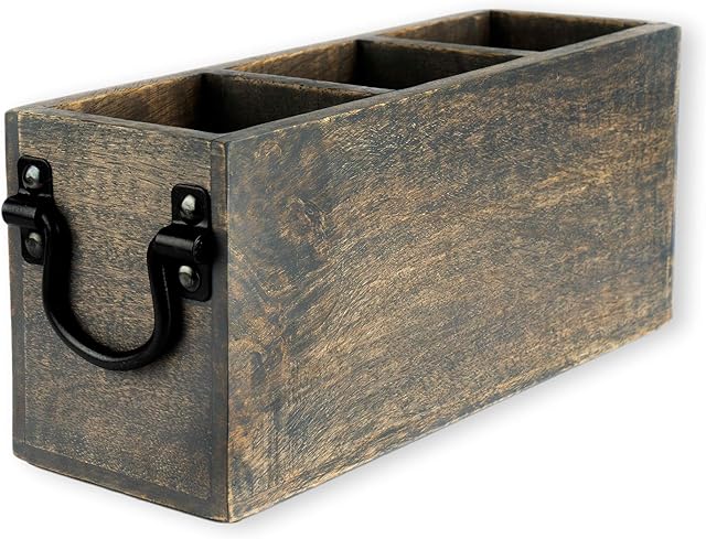 GoCraft 3 Compartment Flatware Caddy, Cutlery Utensil Holder, Organizer Caddy Box For Cooking, Silverware, Flatware, Sauce Spoon, Tongs, and More, Grey Washed Mango Wood Caddy with Metal Handles
