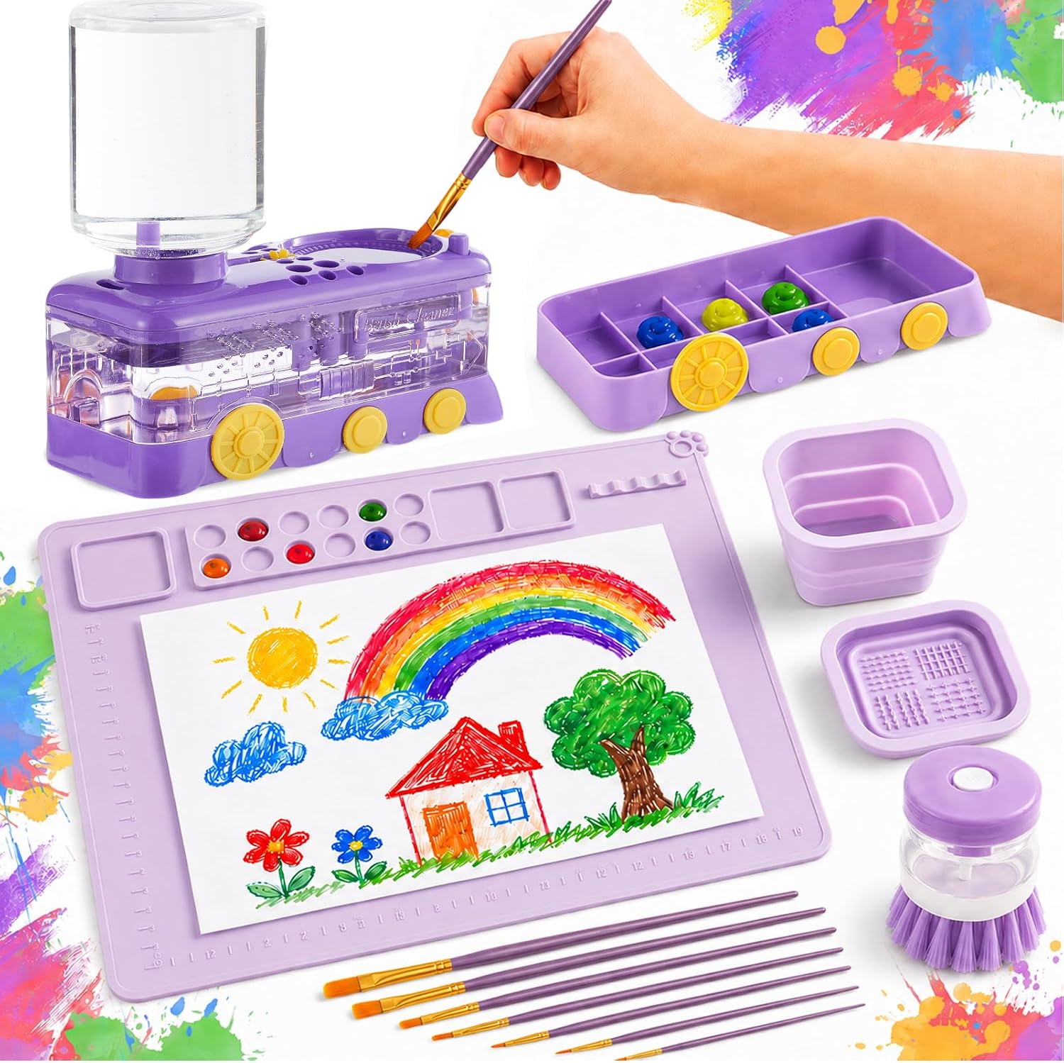2026 Purple Painting Station Paint Brush Cleaner Kit with 21X17in Silicone Paintings Mat 10 Paintings Brushes Cup and Paint Holder Painting Set Art Supplies for Gifts DIY Creations (Purple)