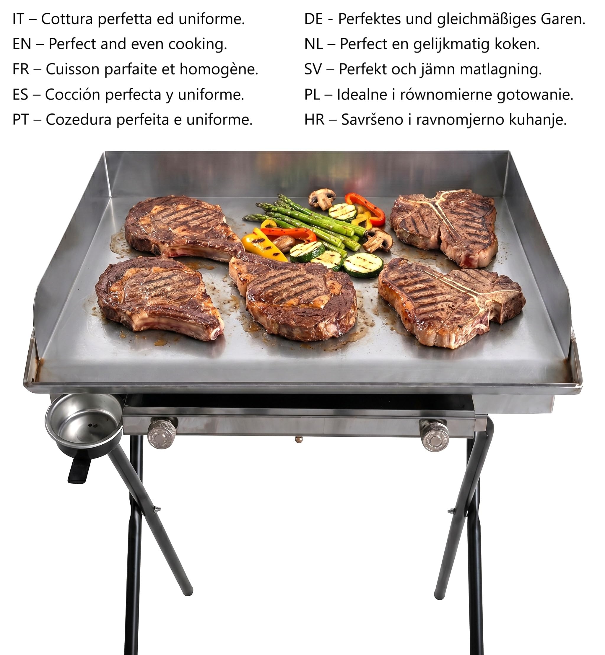 Yelloo - Parrilla Inoxline 620 60x45 cm con placa lisa de acero inoxidable AISI430, BBQ barbacoa de gas con dos quemadores