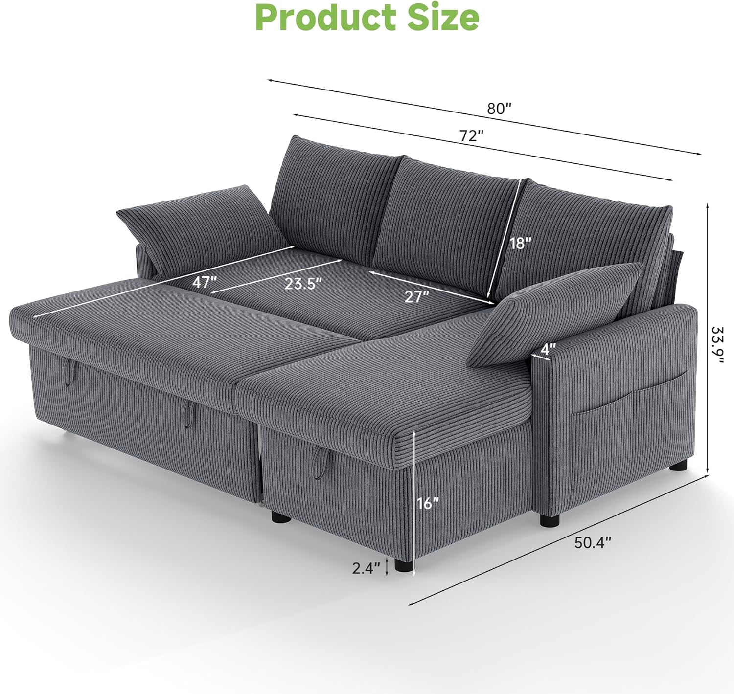 Real Relax 80'' Sofa Bed, L Shaped Corduroy Sleeper Sofa Couch with Pull Out Bed and Chaise Storage for Living Room, Apartment and Office, Dark Gray