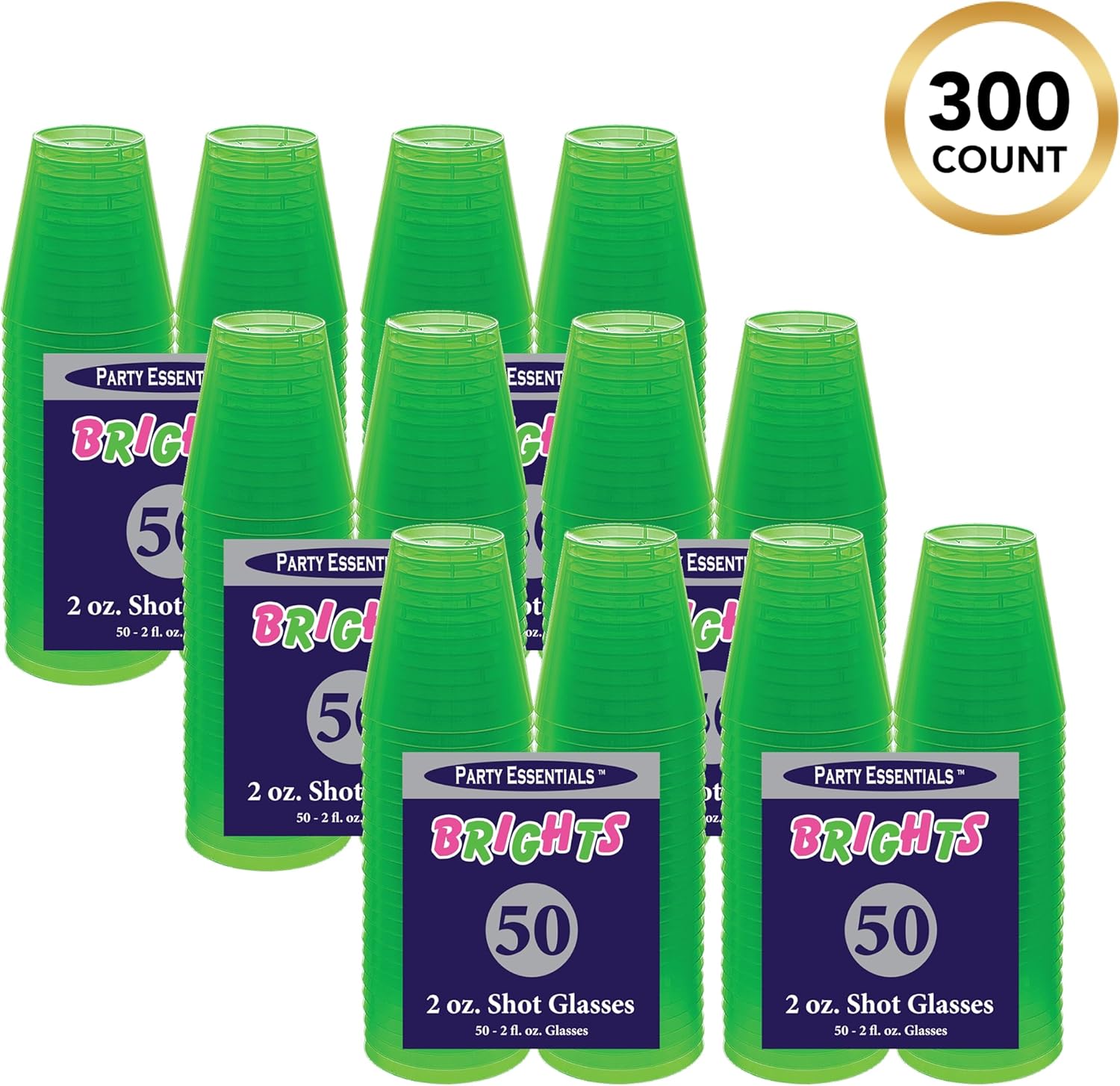Party Essentials Disposable Hard Plastic 2-Ounce Shot/Shooter Glasses, Neon Green, 300 Count