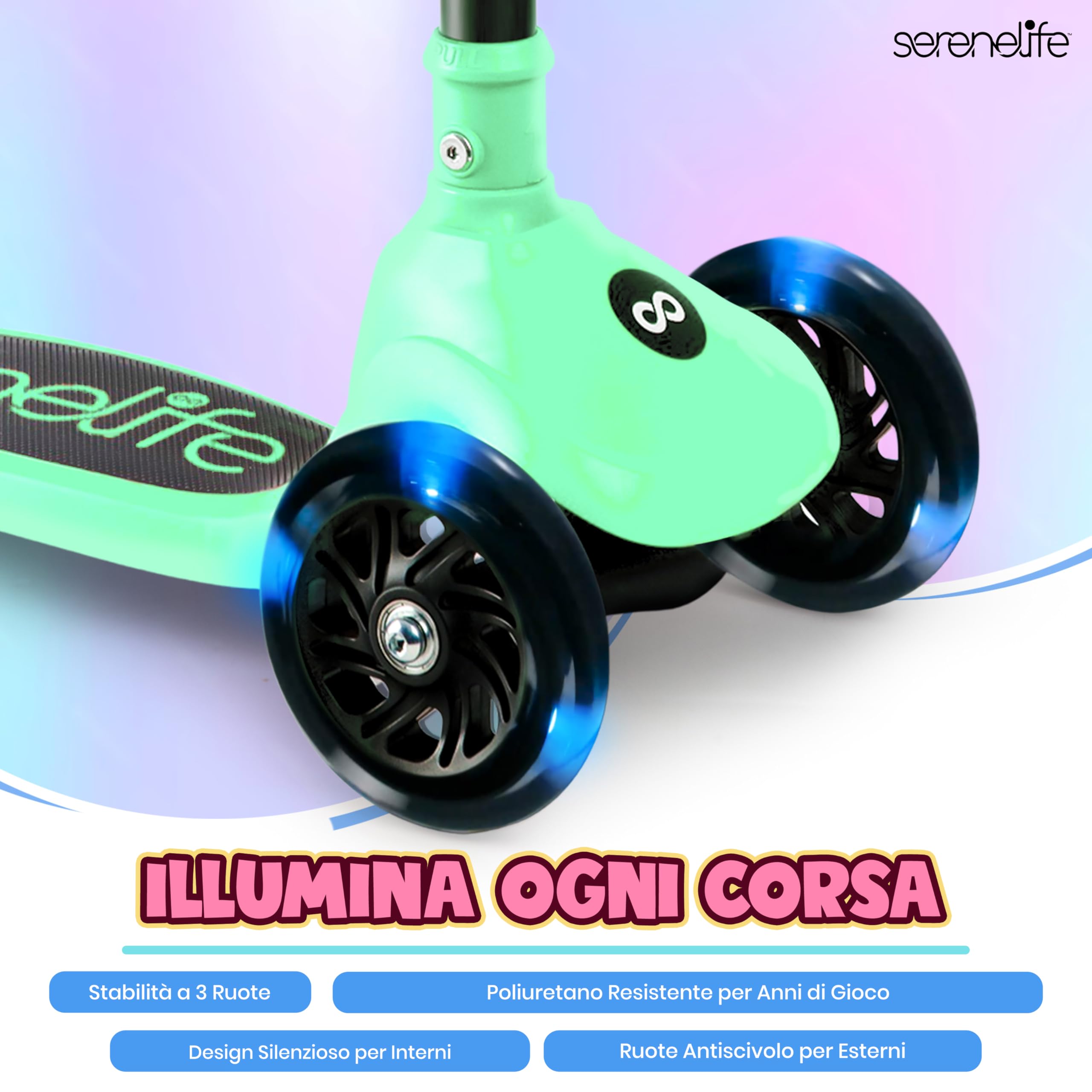 SereneLife Monopattino Bambino Pieghevole, Monopattino Bambina a 3 Ruote con Luci LED, Manubrio Regolabile e Freno, Monopattino a 3 Ruote, Scooter per Bambini e Bambine dai 3 Anni fino a 50 kg