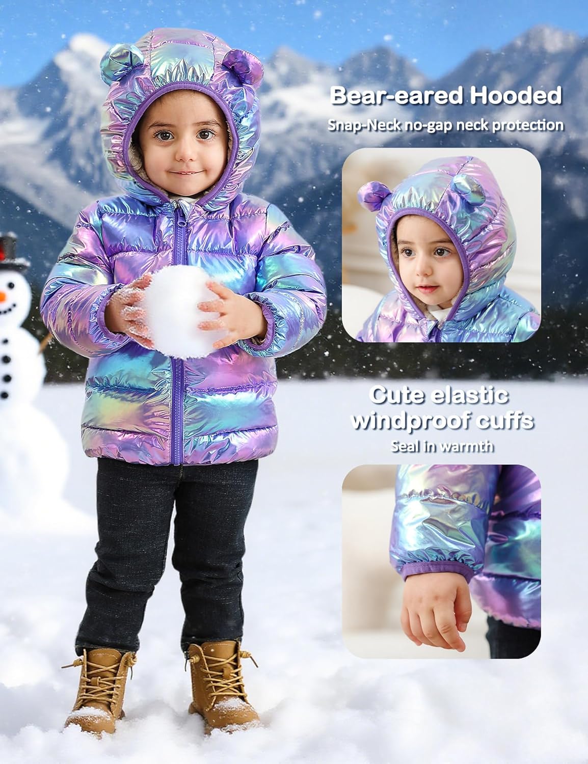Vogseek Toddler Winter Coat Warm Lightweight Puffer Jacket for Baby Girls Boys Cute Bear Ears Hood Outerwear 6M-3T - Image 4