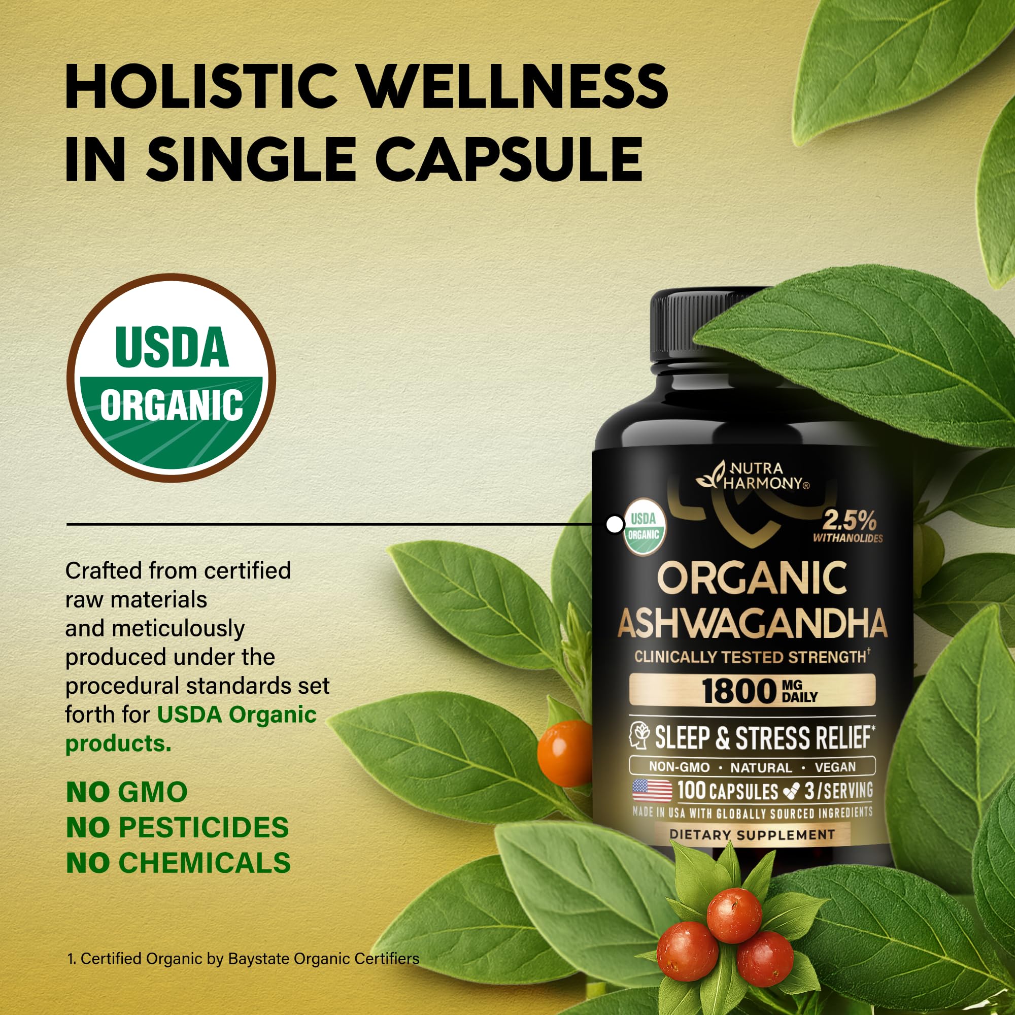 Ashwagandha Supplements 1800mg - USDA Organic for Women & Men - 100 Caps — Amazon image 4