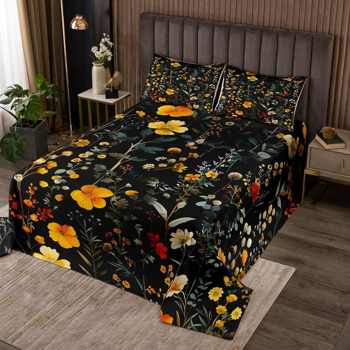 jejeloiu Floral Bedspread Queen Size Flower Coverlet Set Wildflower Botanical Quilted Coverlet for All Season with 2 Pillowcases Blossom Microfiber Lightweight