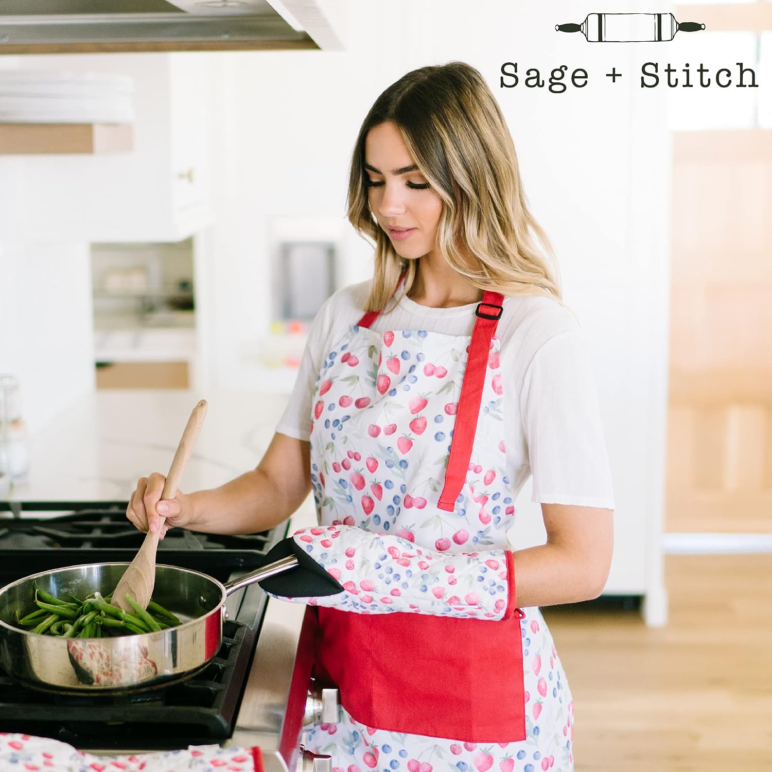 Sage+Stitch Adjustable Designer Kitchen Apron for Adults | 100% Machine Washable Cotton Cooking Apron with Pockets and Adjustable Neck Buckle | 27" Wide x 33" Long | Fruits