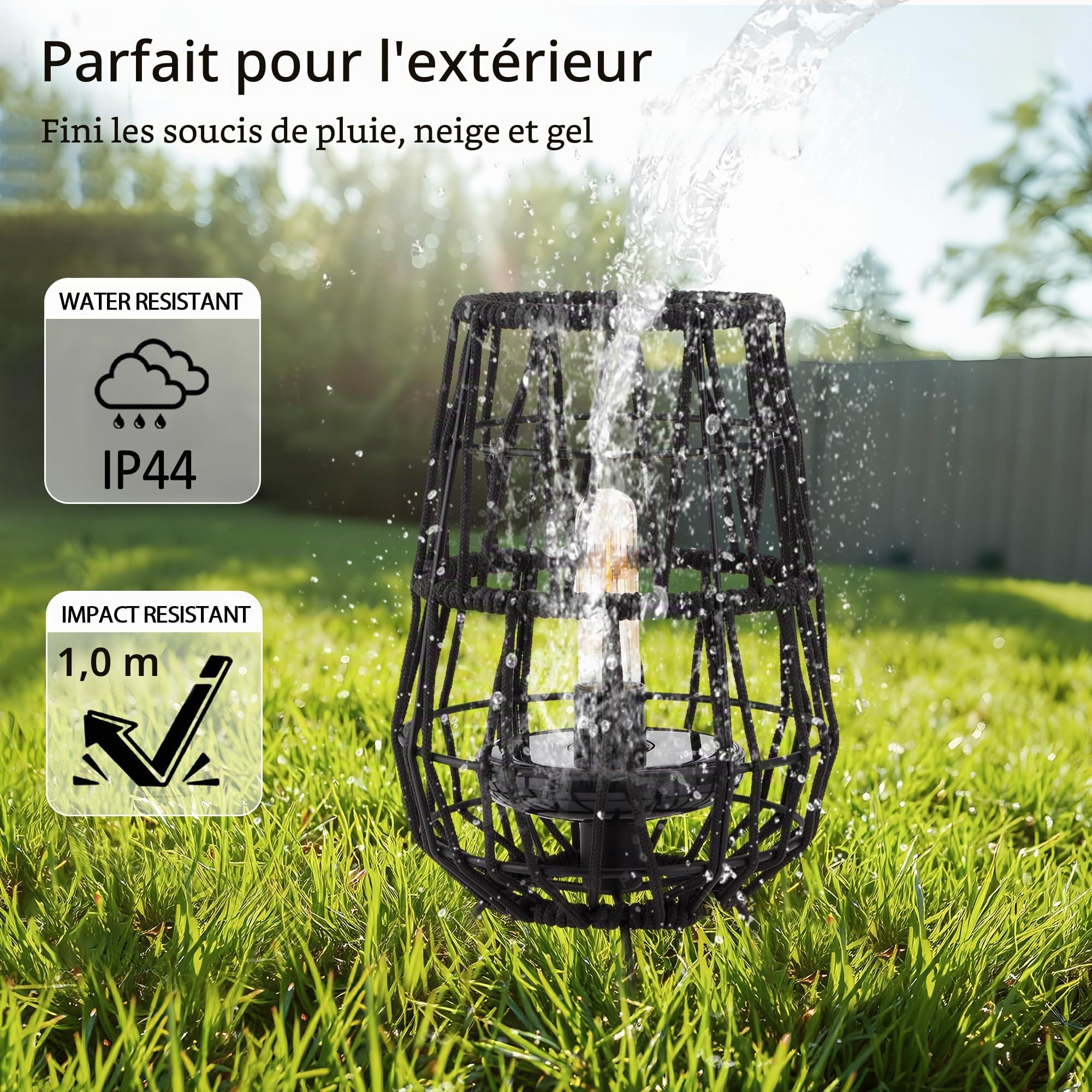TRIROCKS Lot de 2 lampes solaires d'extérieur de 30 cm de haut avec corde en oléfine, décoration solaire étanche, lampe de table sans fil pour terrasse, pelouse, cour, décoration extérieure (noir)